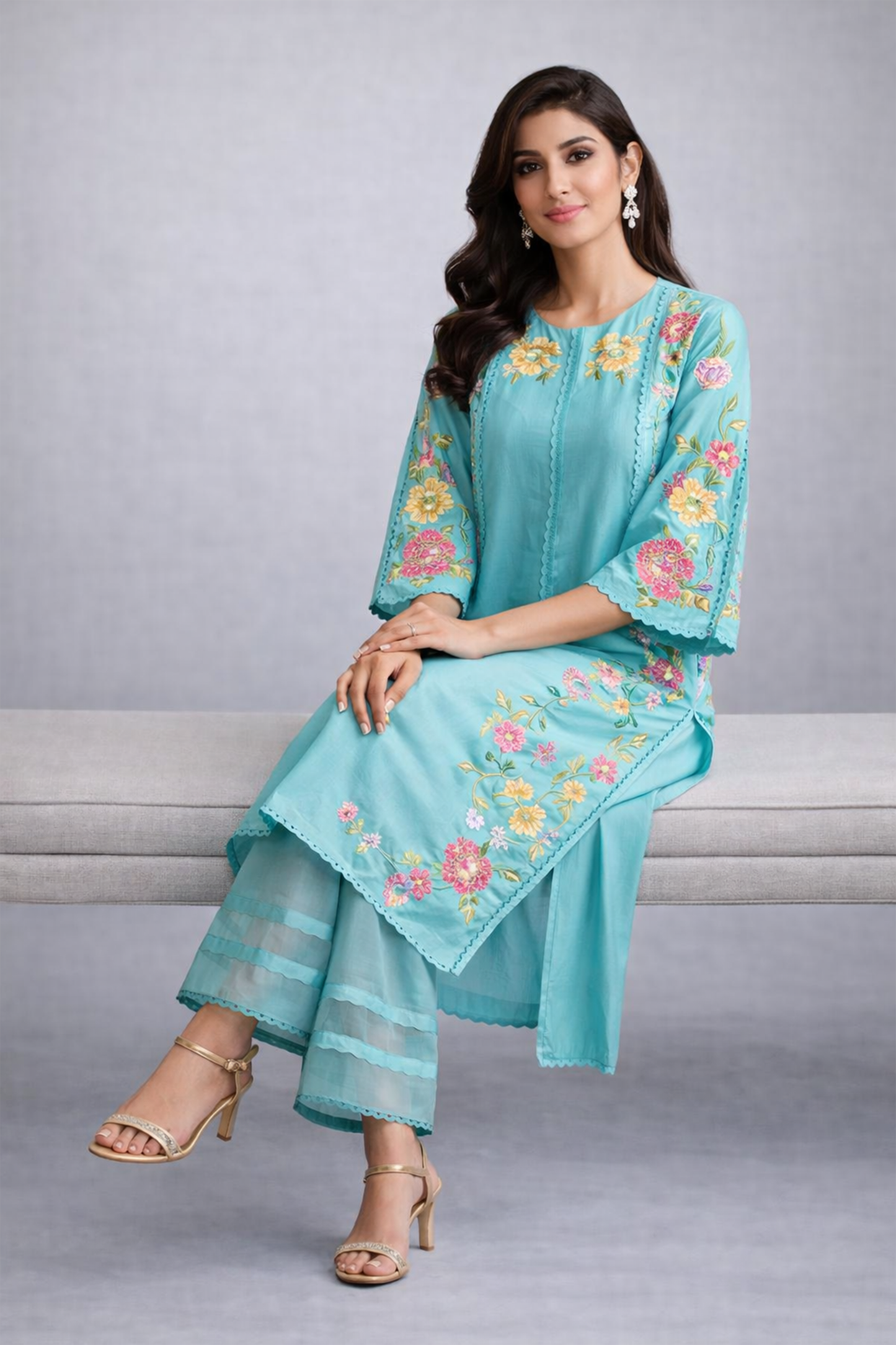 Azure Bloom Embroidered Long Co-ord Set.