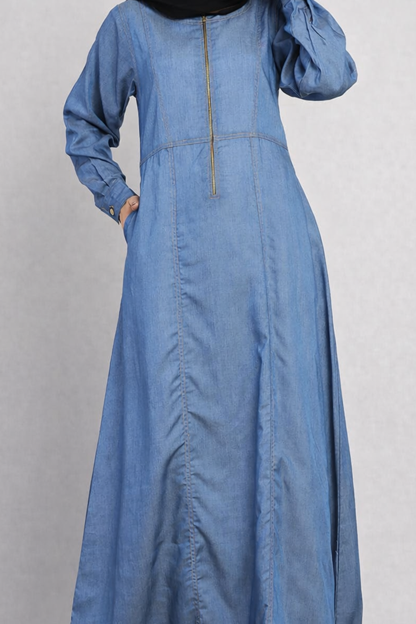 Indigo Chambray Zip-Front Abaya