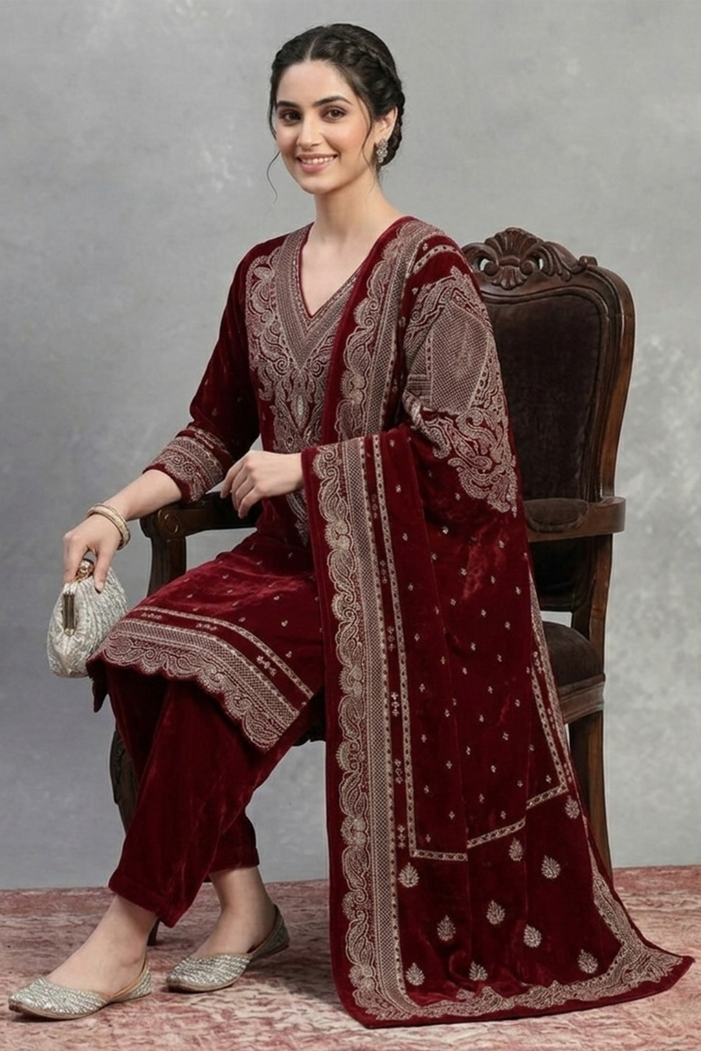 Maroon Velvet Tilla Embroidered Heirloom