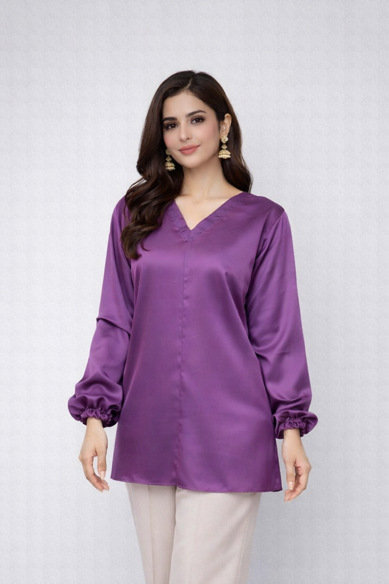 Amethyst Silk-Satin V-Neck Top