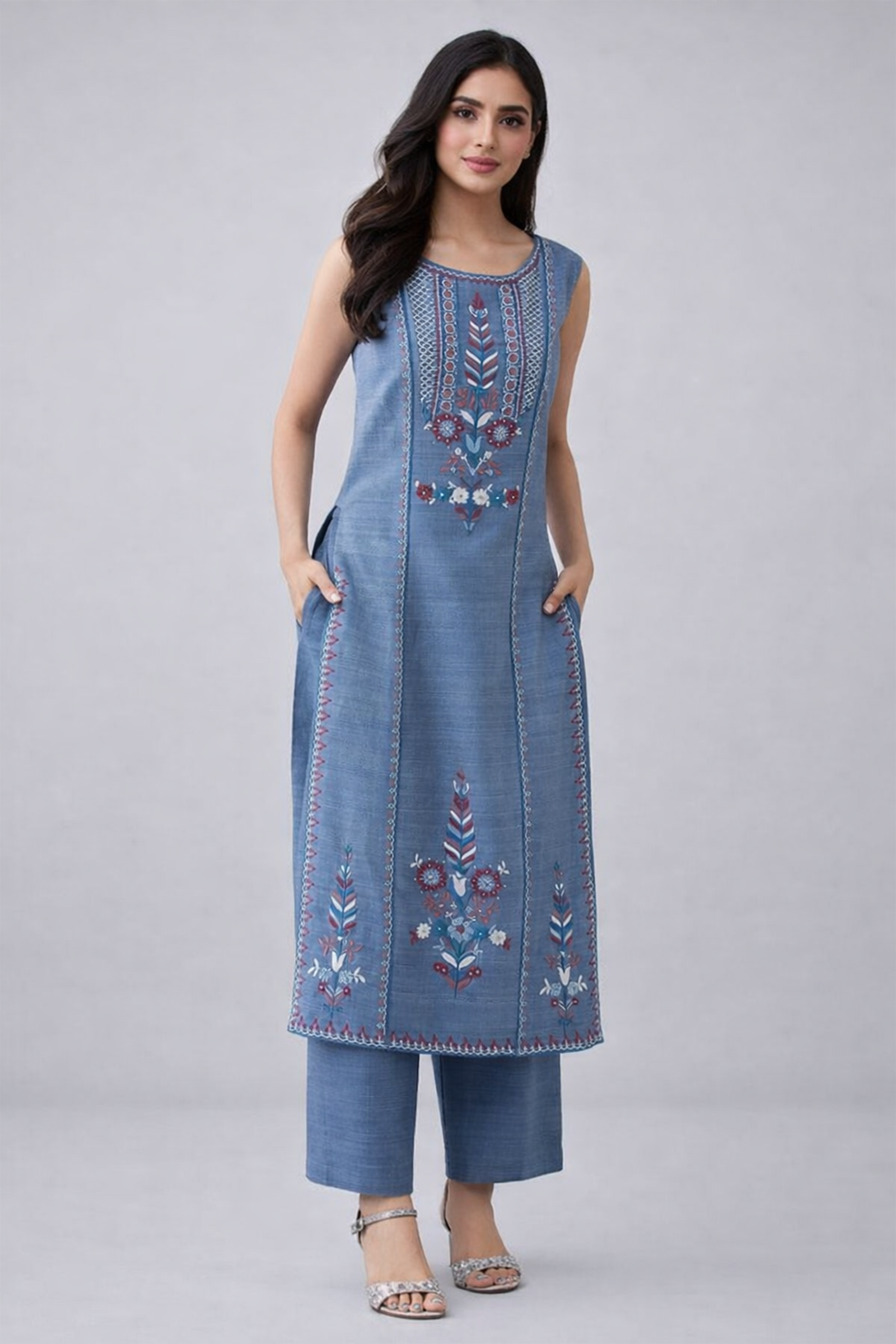 Azure Bloom Embroidered Slub Co-ord Set