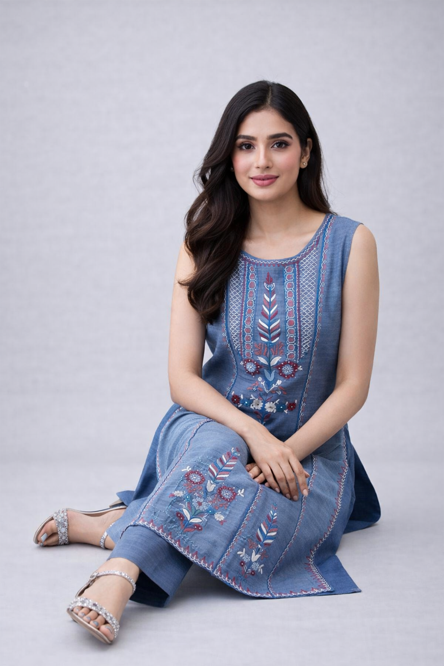 Azure Bloom Embroidered Slub Co-ord Set