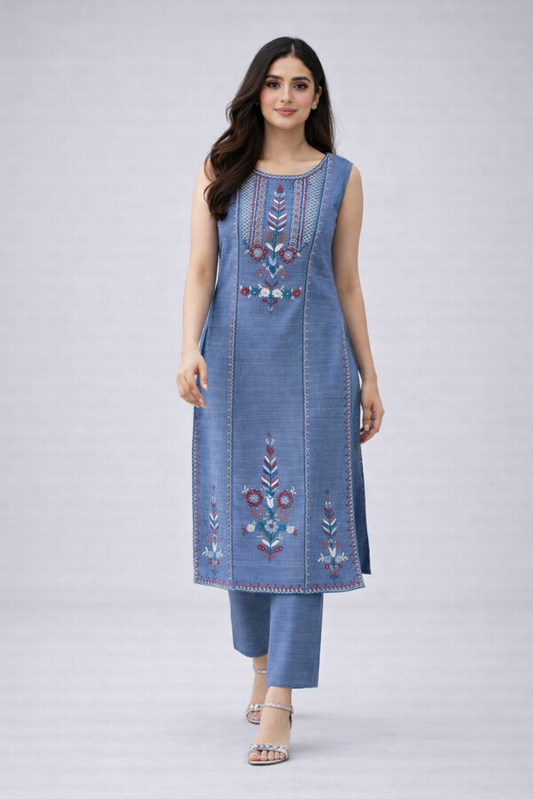 Azure Bloom Embroidered Slub Co-ord Set
