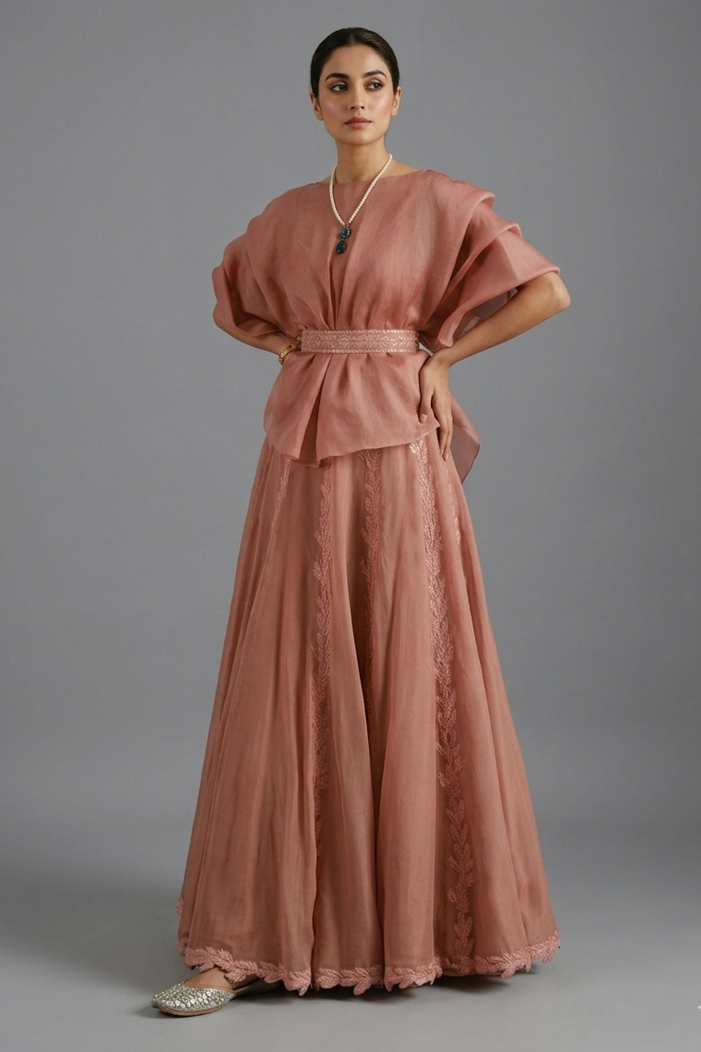 Dusty Rose Organza Peplum & Embroidered Lehengas
