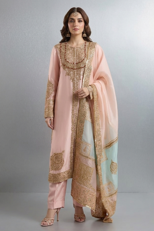 Rose-Peach Zardozi Organza Ensemble
