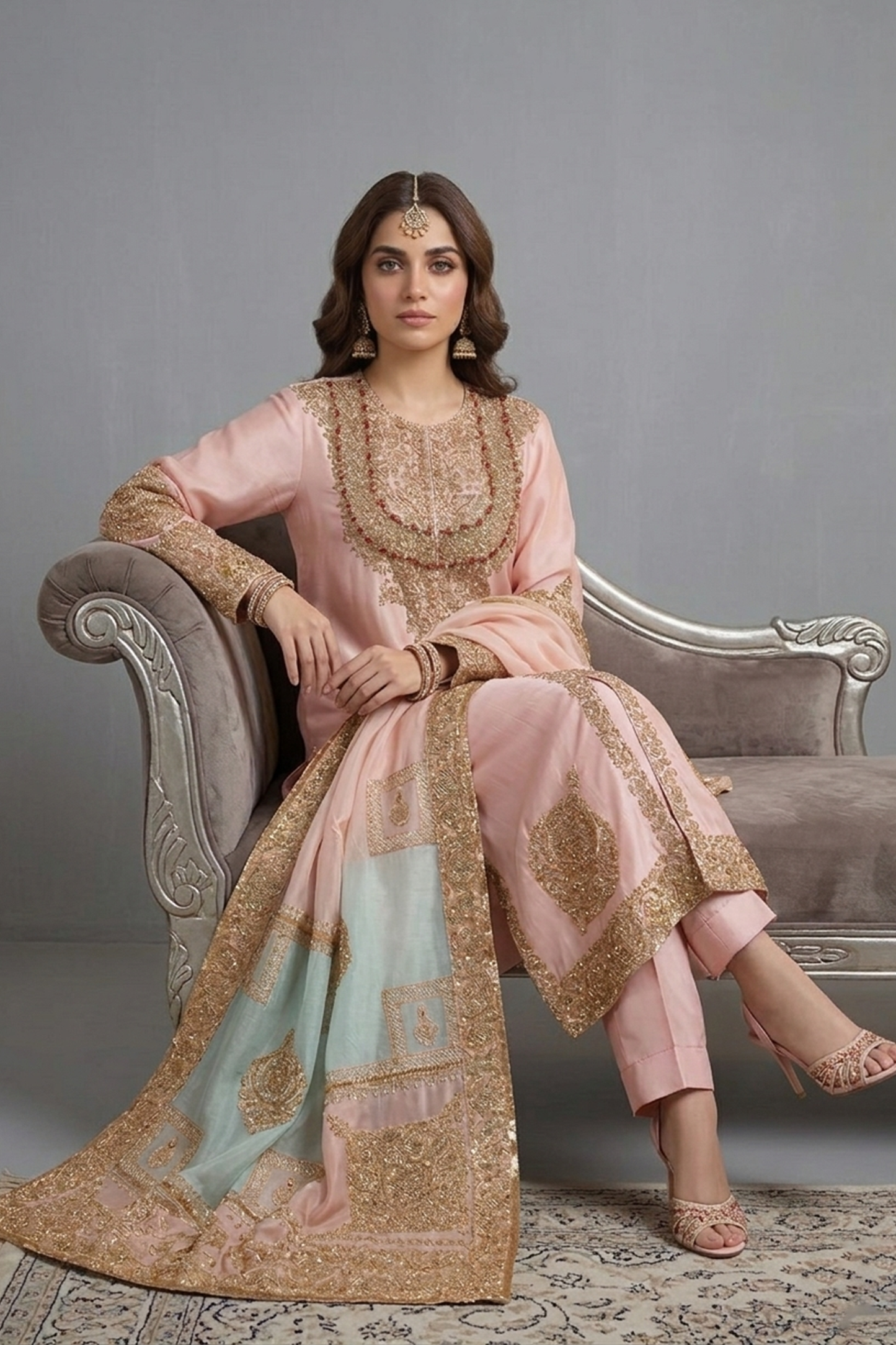 Rose-Peach Zardozi Organza Ensemble