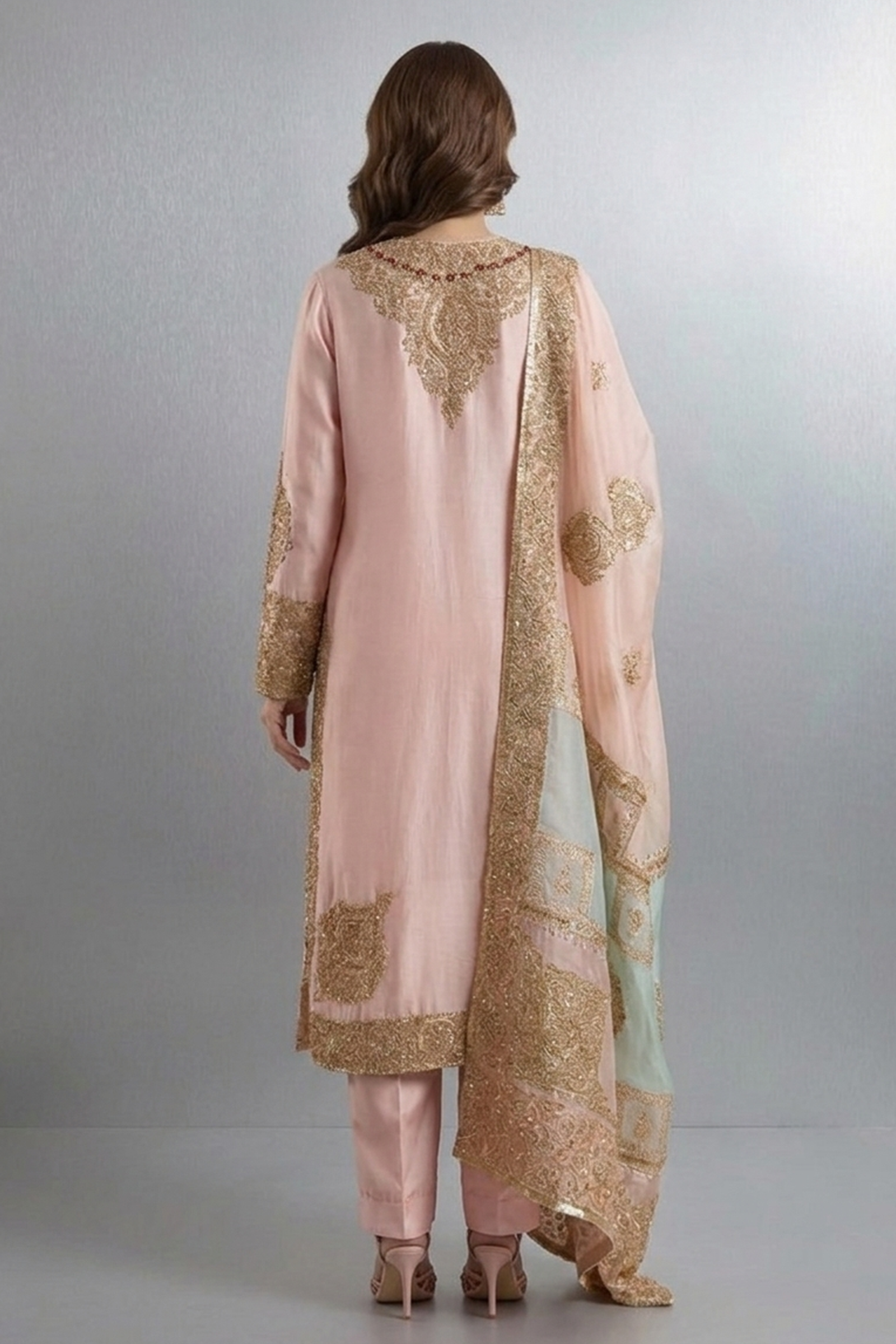 Rose-Peach Zardozi Organza Ensemble