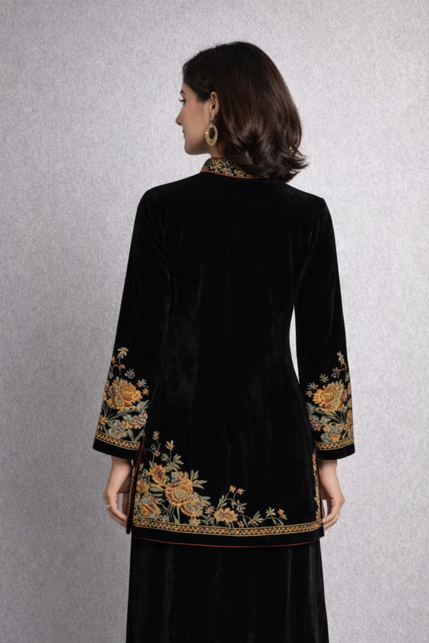 Embroidered Velvet Mandarin Coat