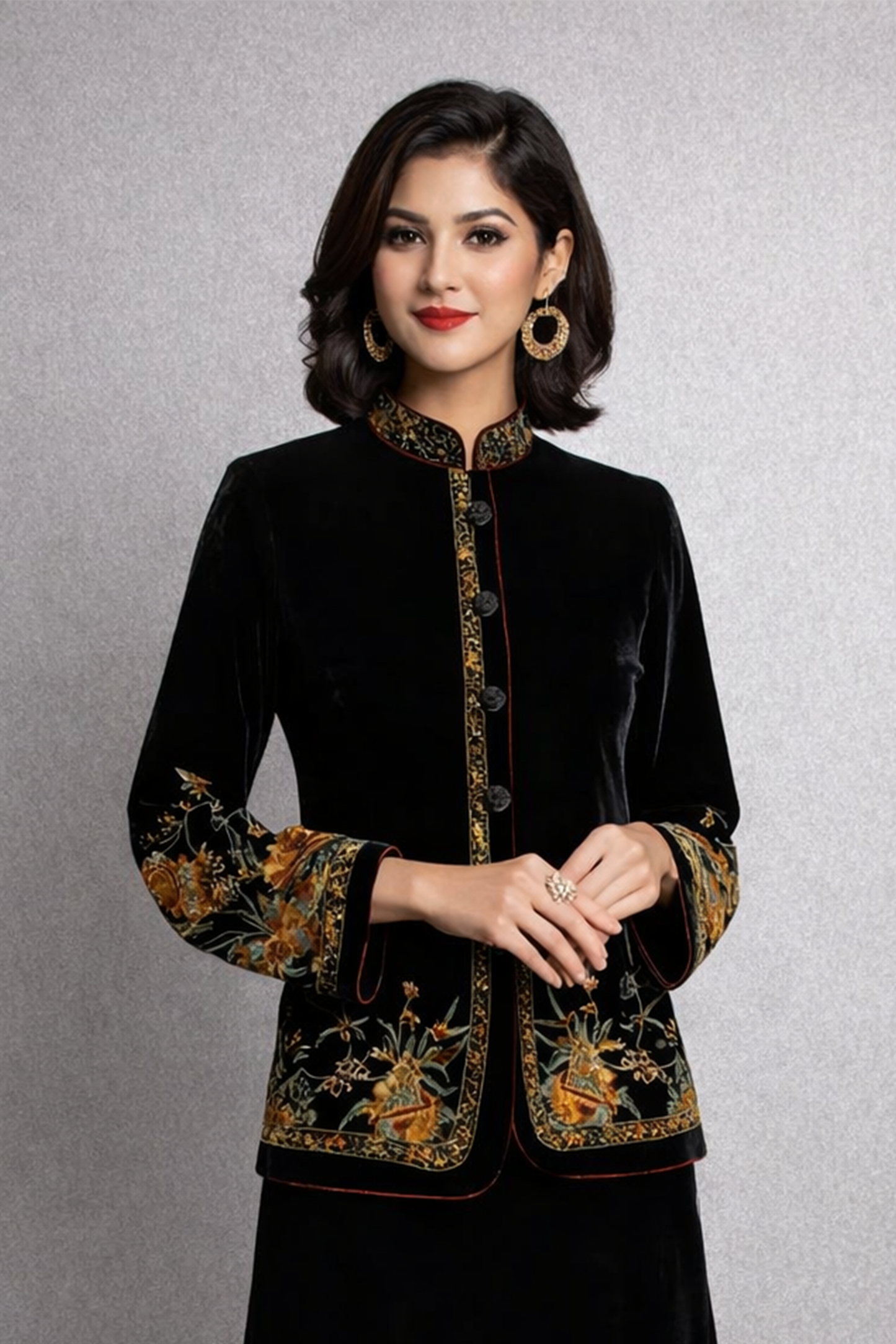 Embroidered Velvet Mandarin Coat