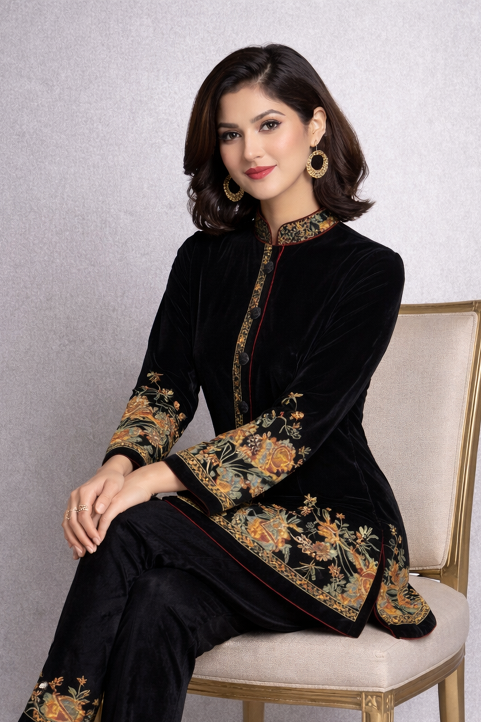 Embroidered Velvet Mandarin Coat
