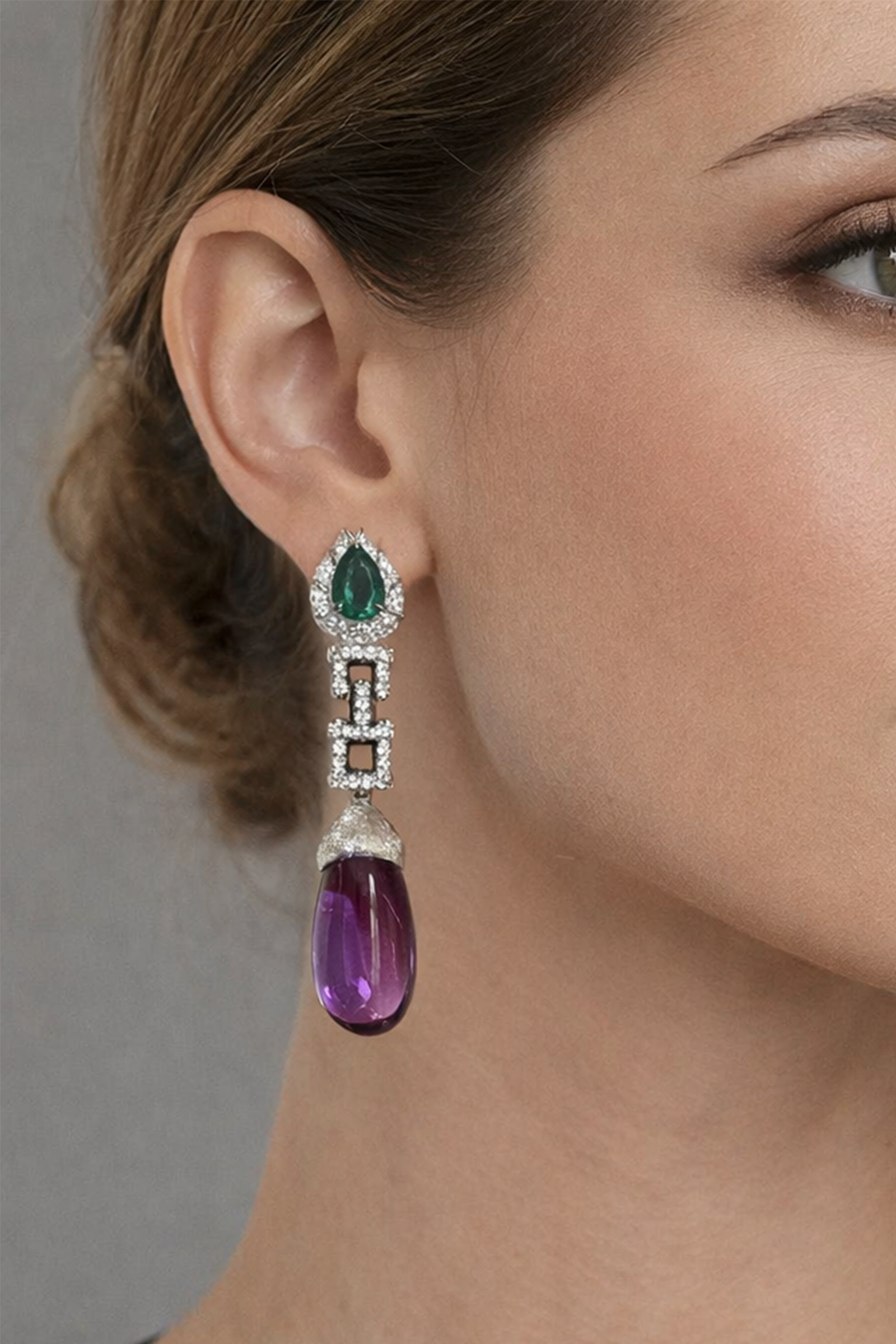 Emerald & Amethyst Halo Drop Earrings