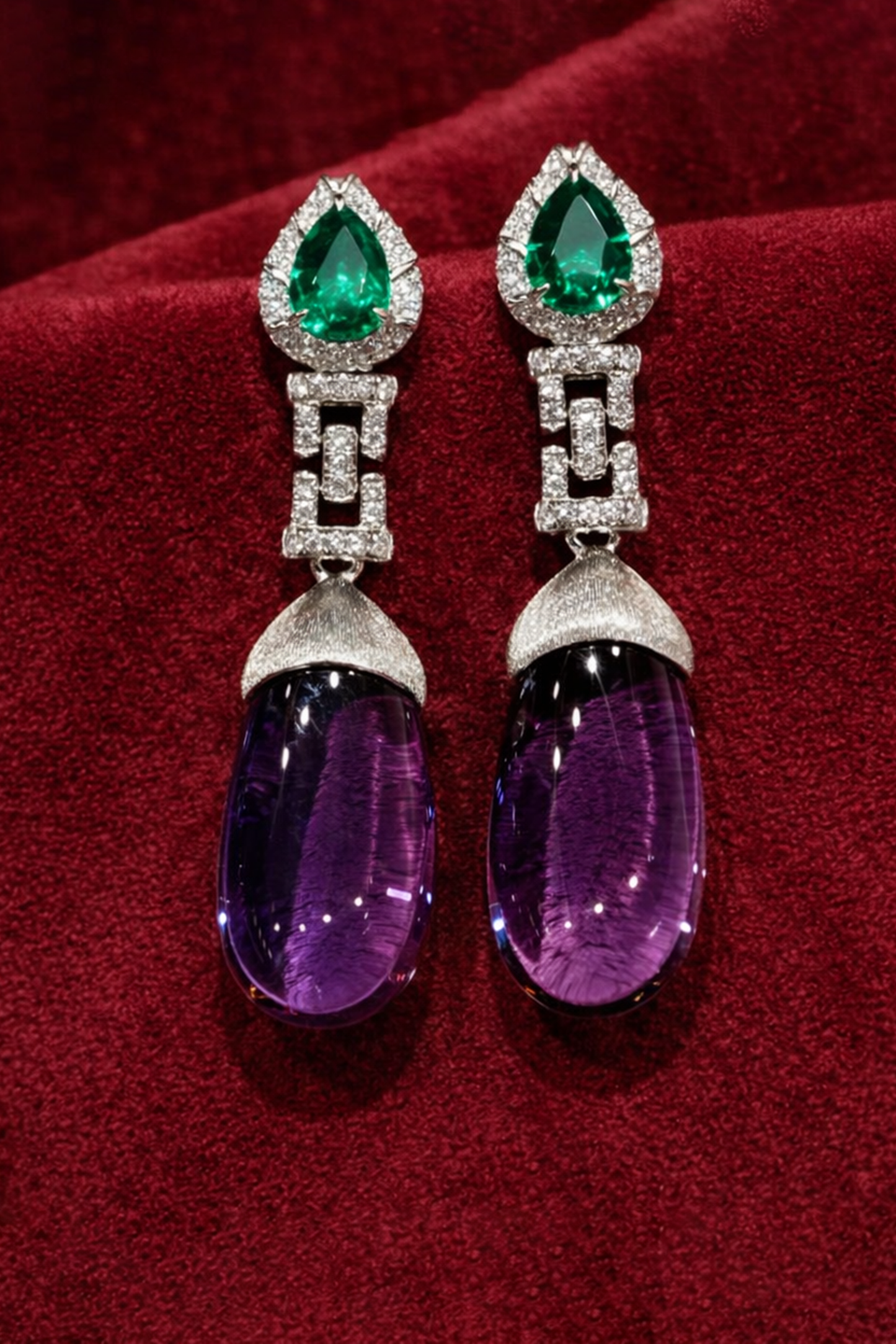 Emerald & Amethyst Halo Drop Earrings