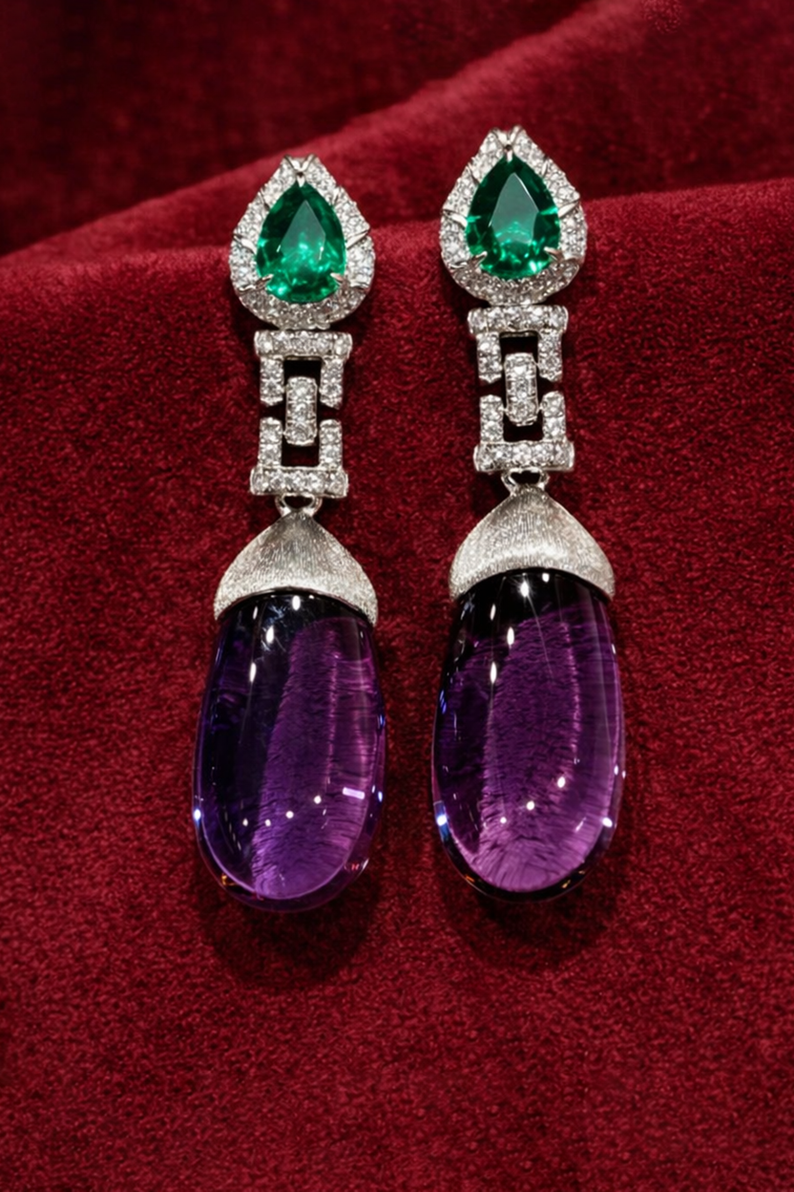 Emerald & Amethyst Halo Drop Earrings
