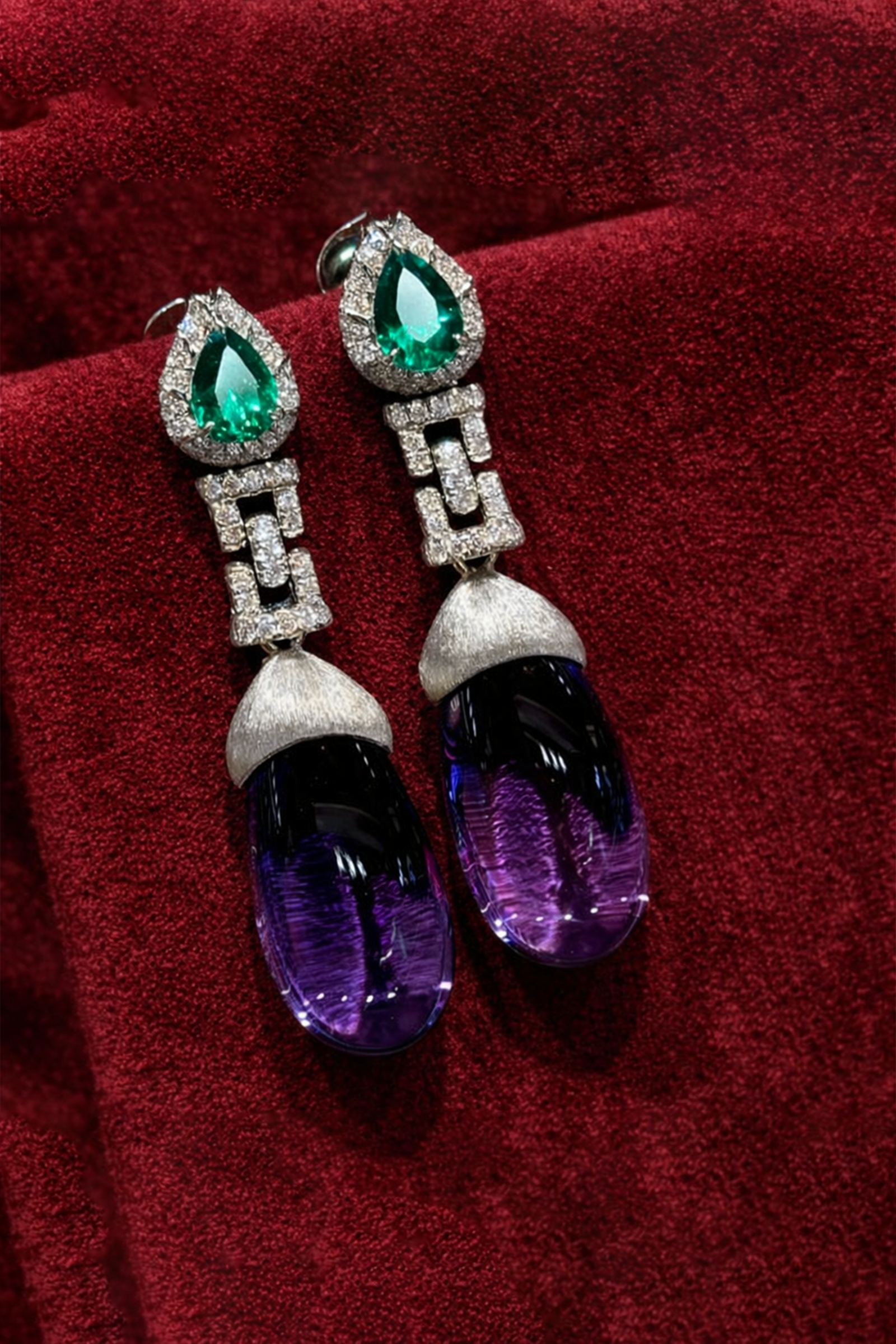 Emerald & Amethyst Halo Drop Earrings