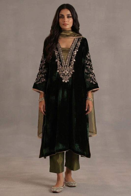 Emerald Forest Embroidered Velvet Kaftan