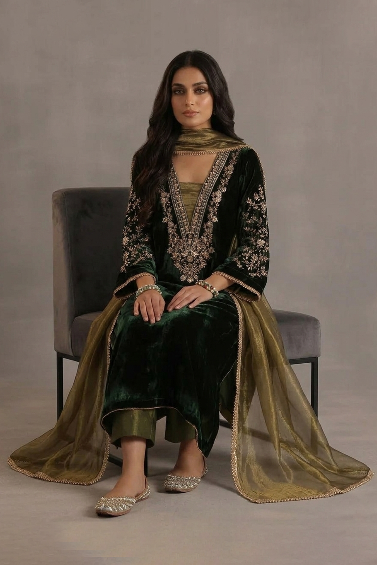 Emerald Forest Embroidered Velvet Kaftan