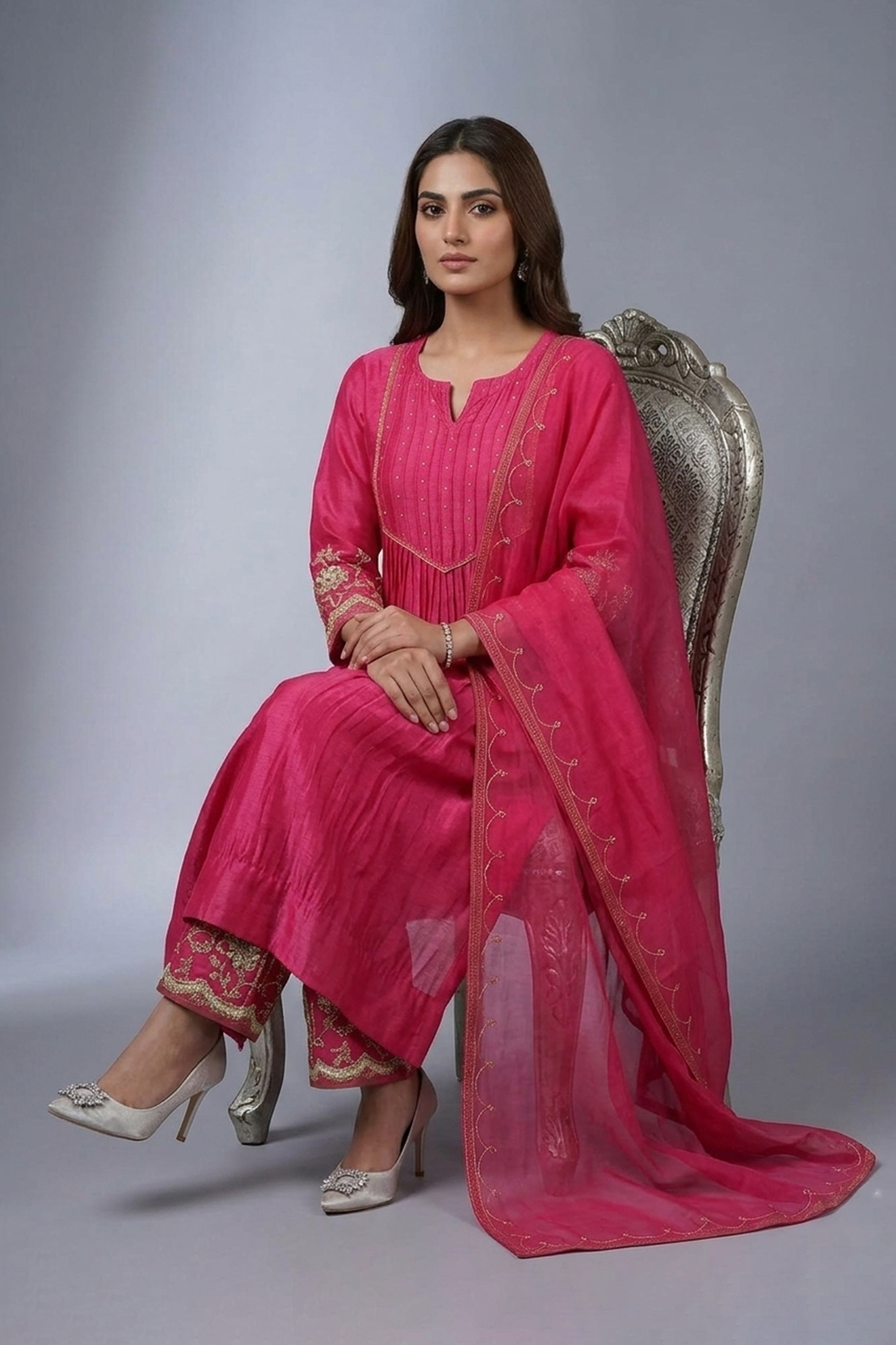Fuchsia Pleated Silk Anarkali with Scalloped