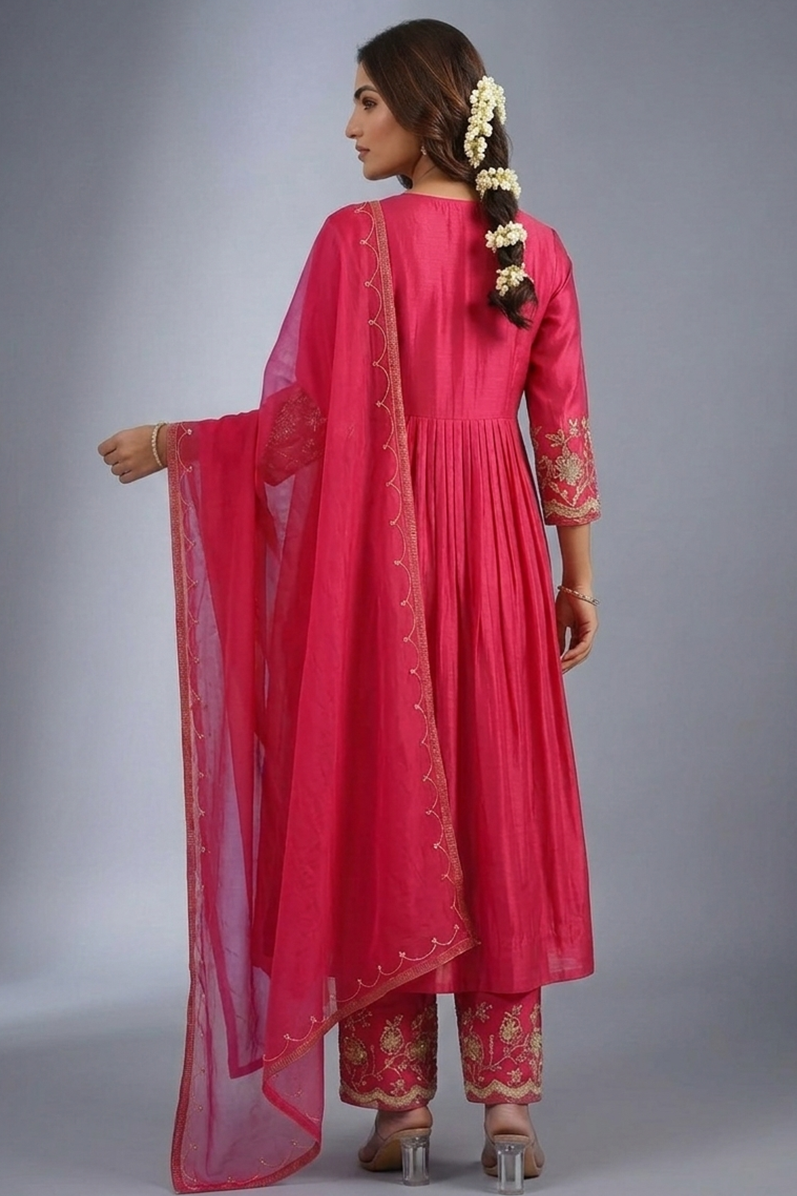 Fuchsia Pleated Silk Anarkali with Scalloped