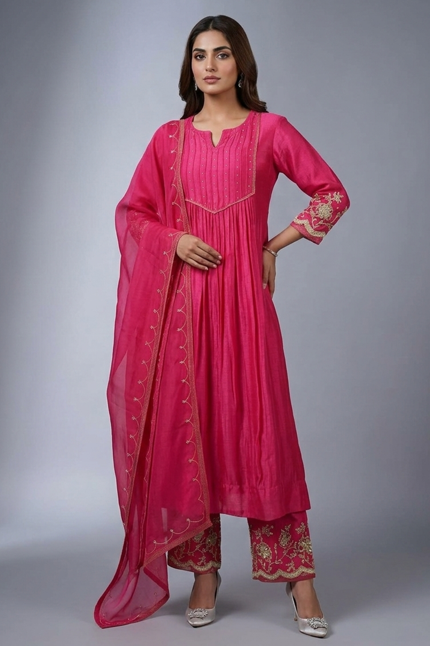 Fuchsia Pleated Silk Anarkali with Scalloped