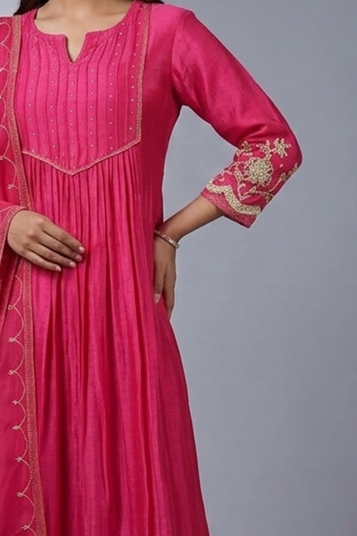 Fuchsia Pleated Silk Anarkali with Scalloped