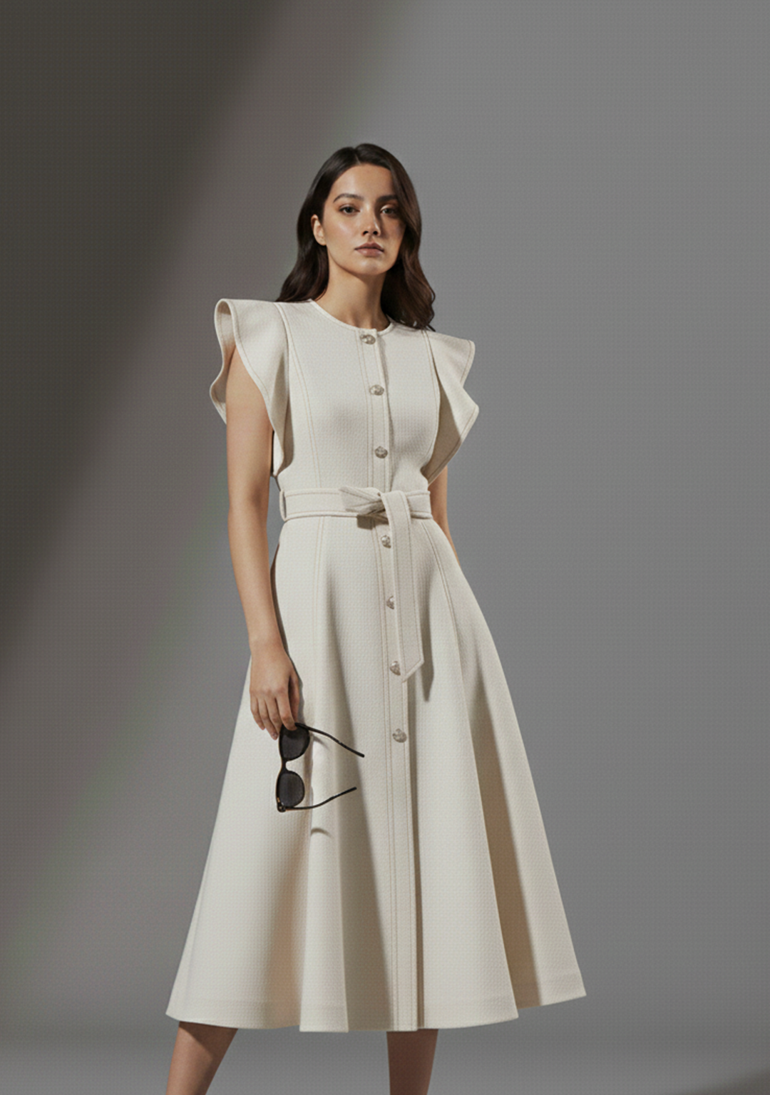 Ivory Grace Belted Midi Dress