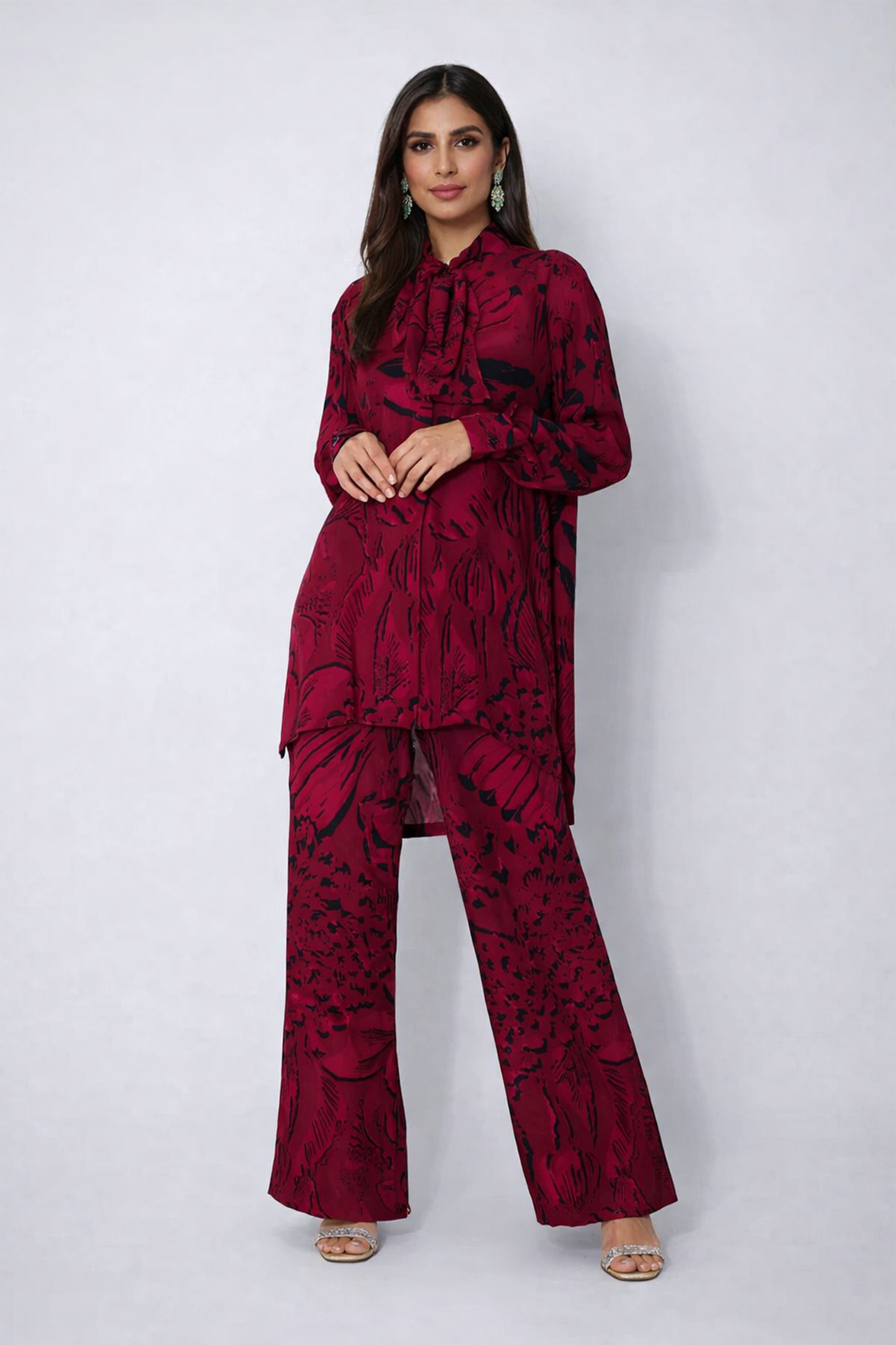 Crimson Dahlia Bow-Neck Co-ord Set