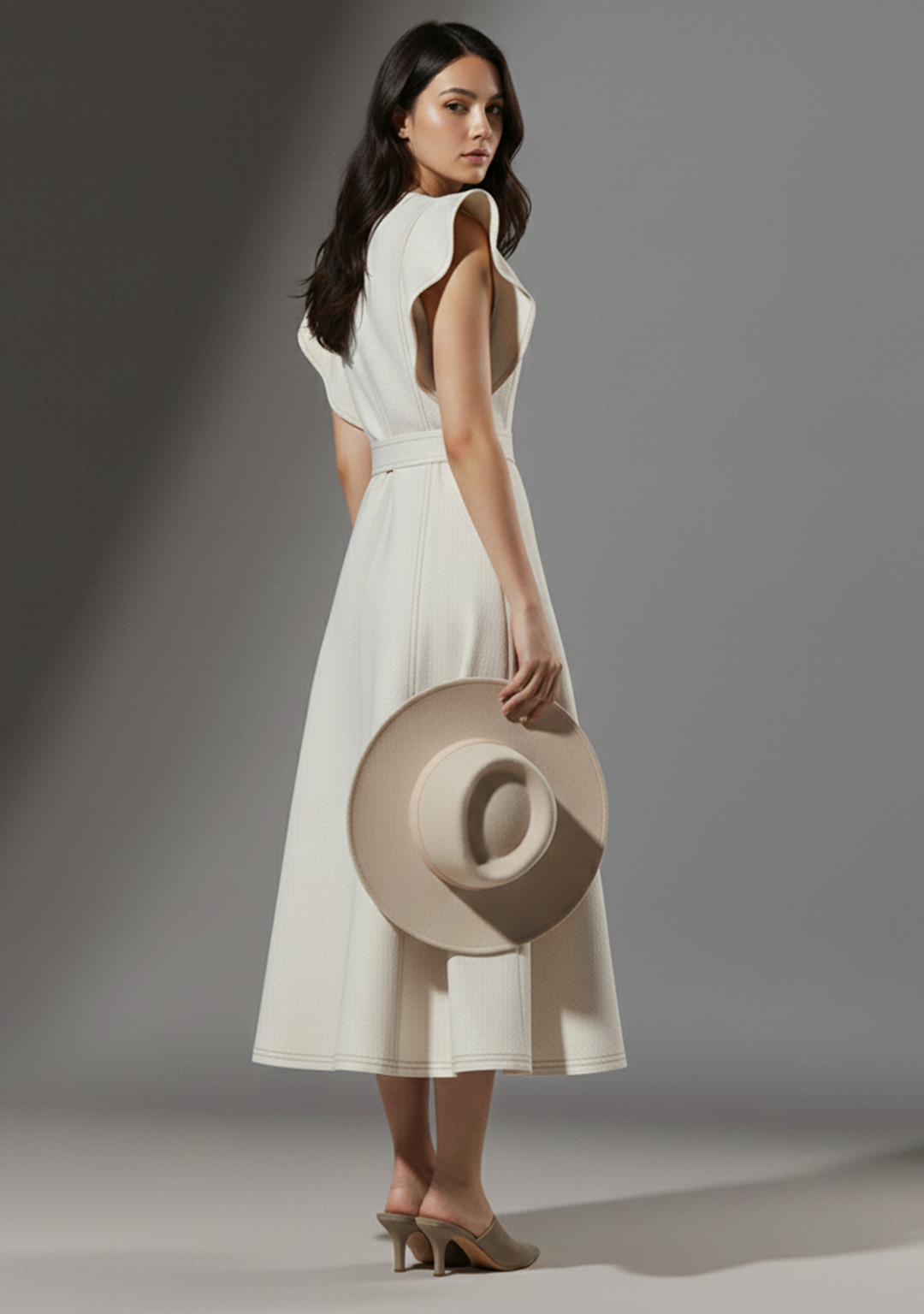 Ivory Grace Belted Midi Dress