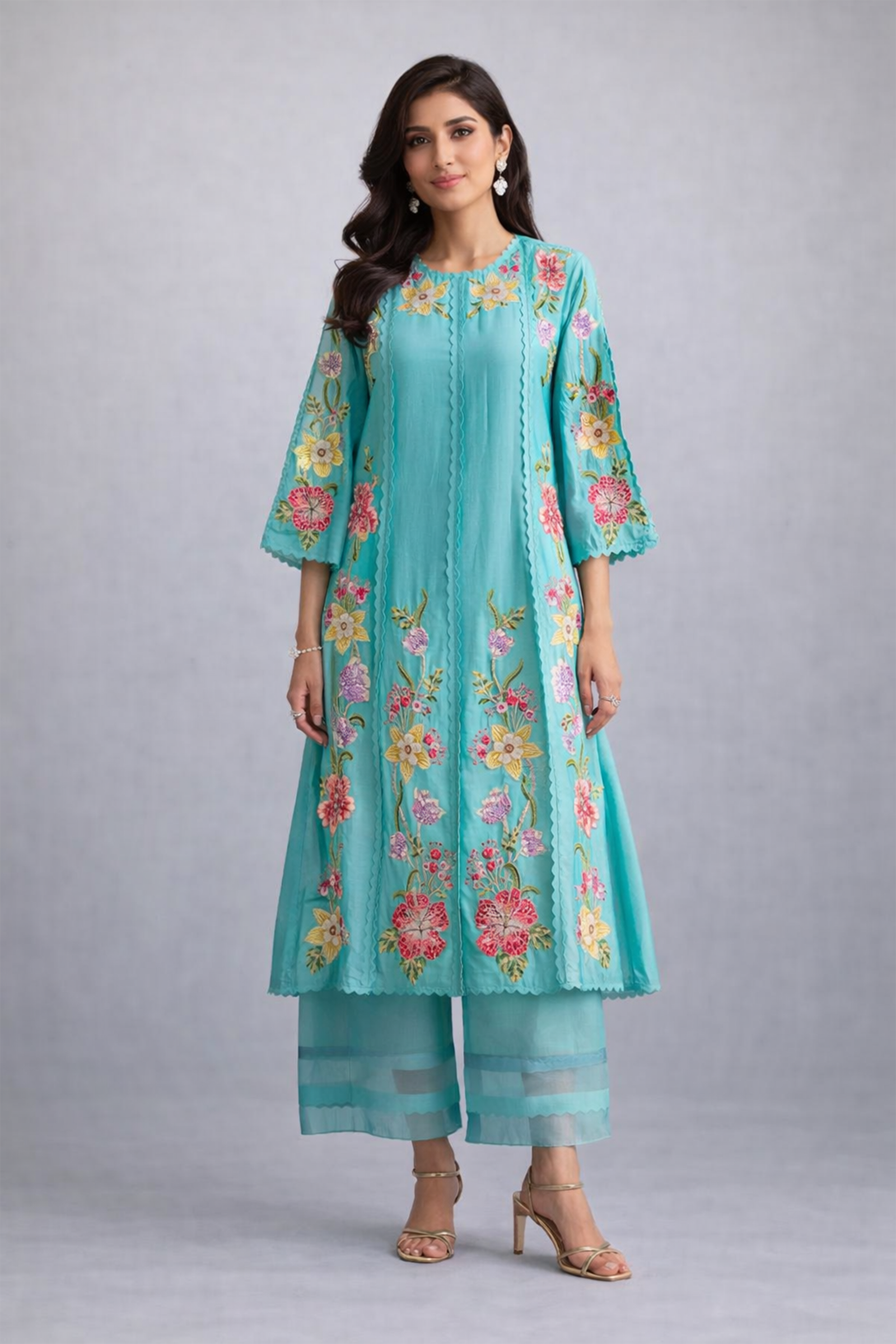 Azure Bloom Embroidered Long Co-ord Set.