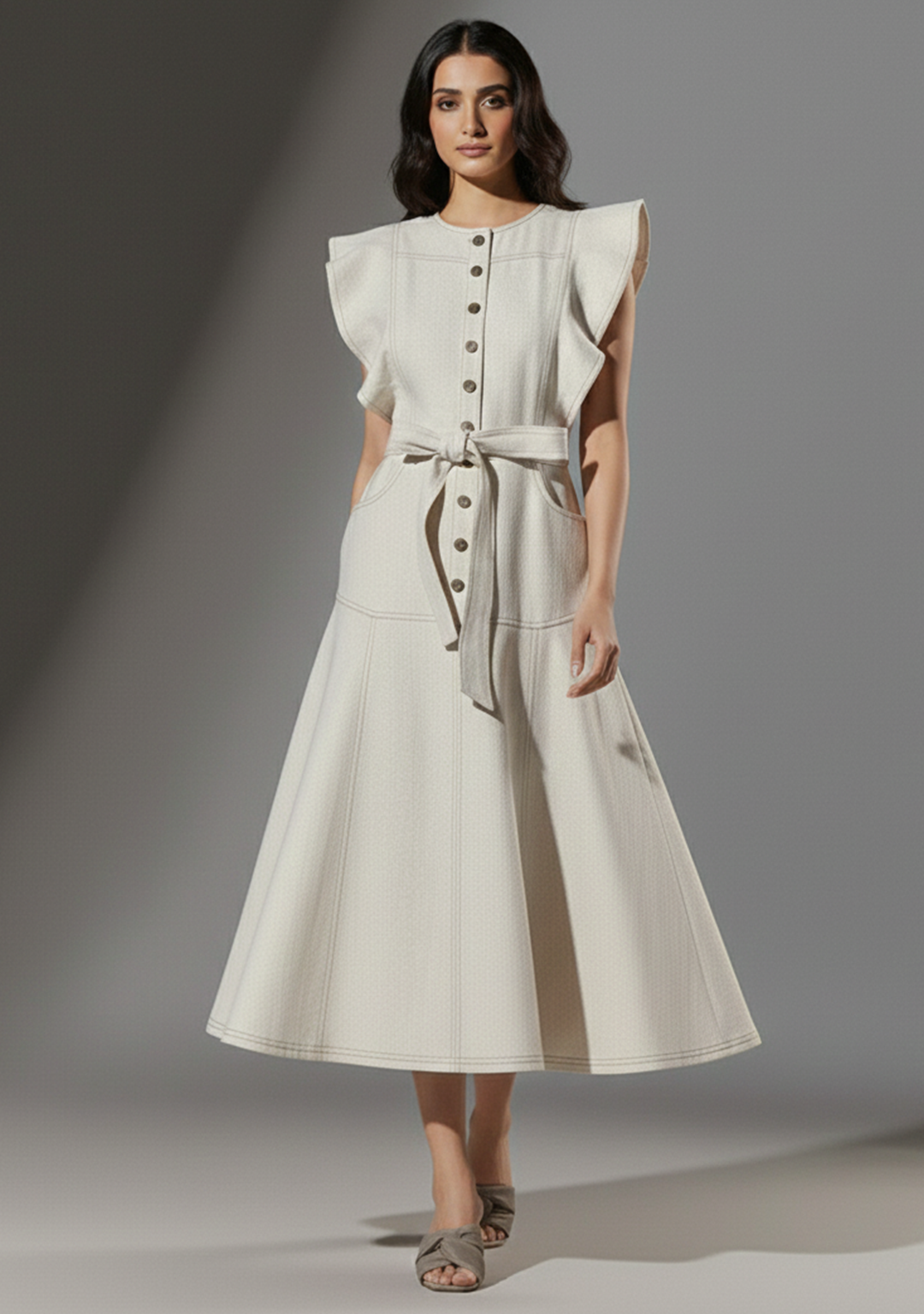 Ivory Grace Belted Midi Dress