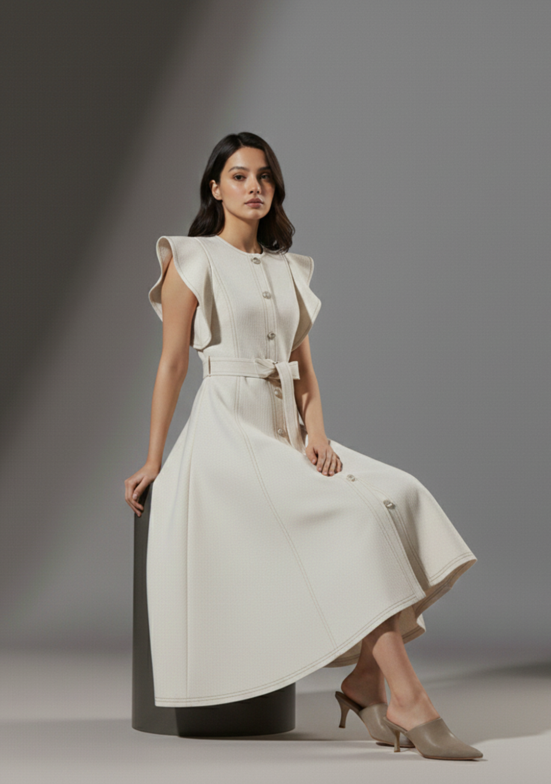 Ivory Grace Belted Midi Dress