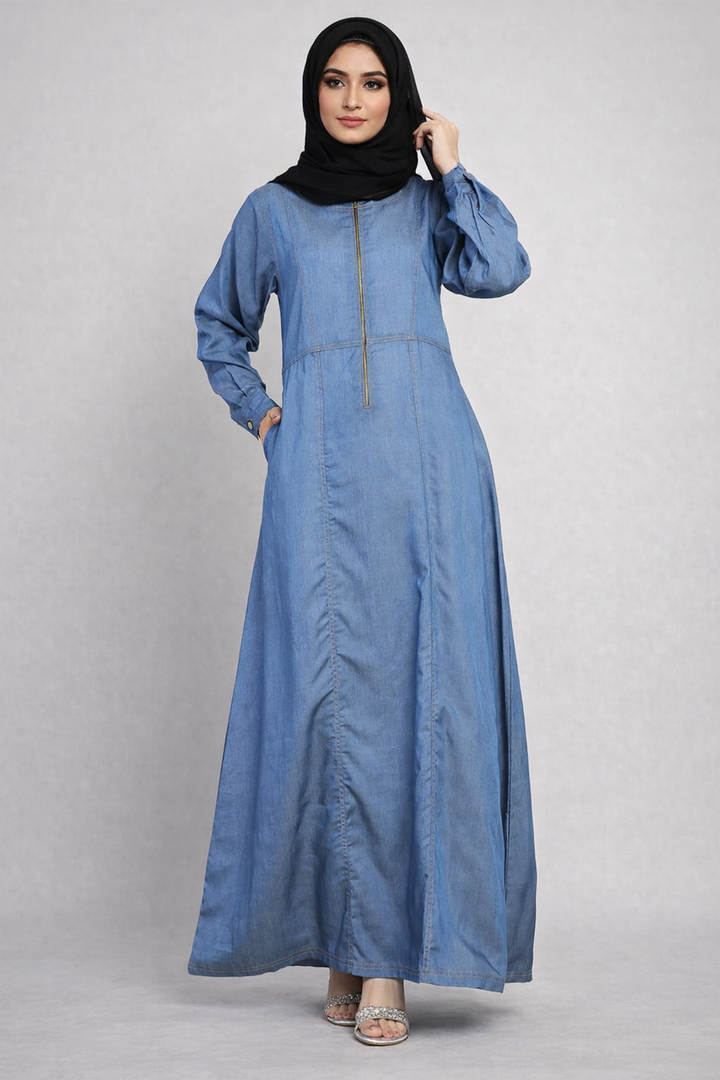 Indigo Chambray Zip-Front Abaya