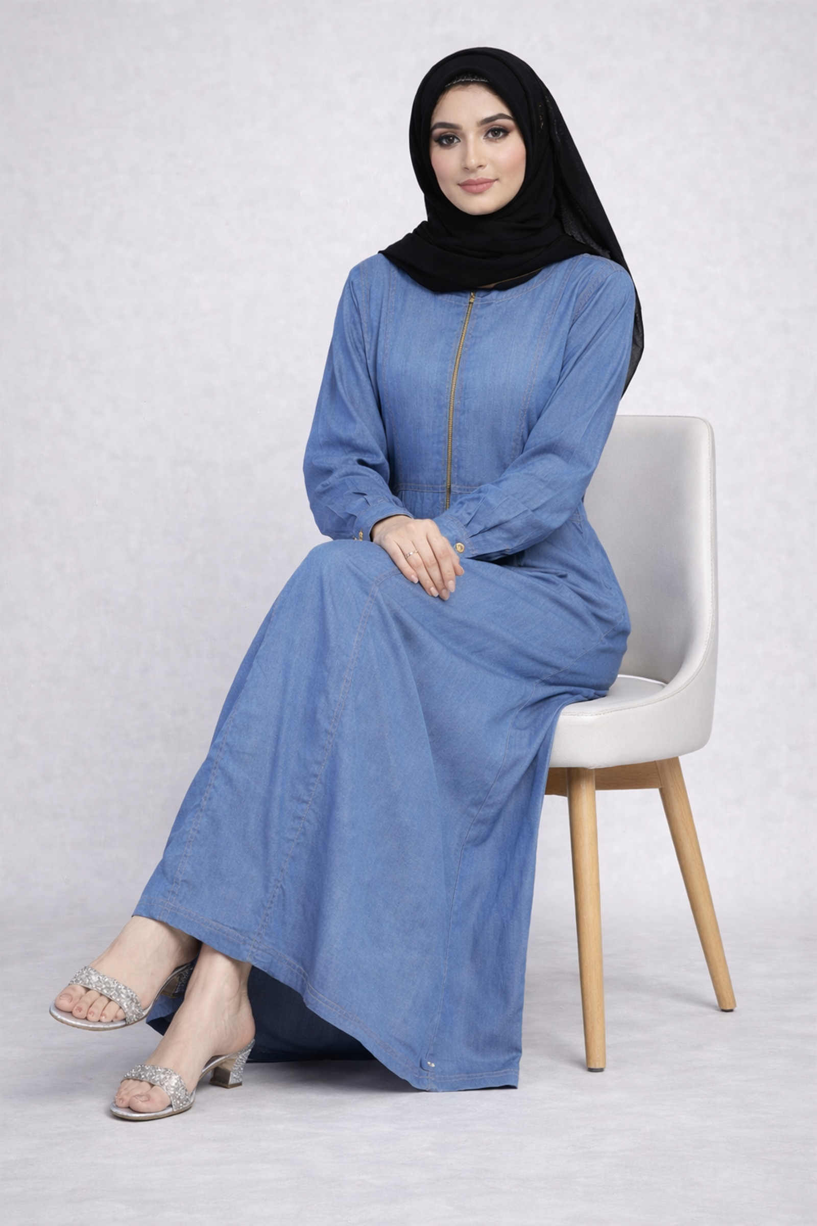 Indigo Chambray Zip-Front Abaya