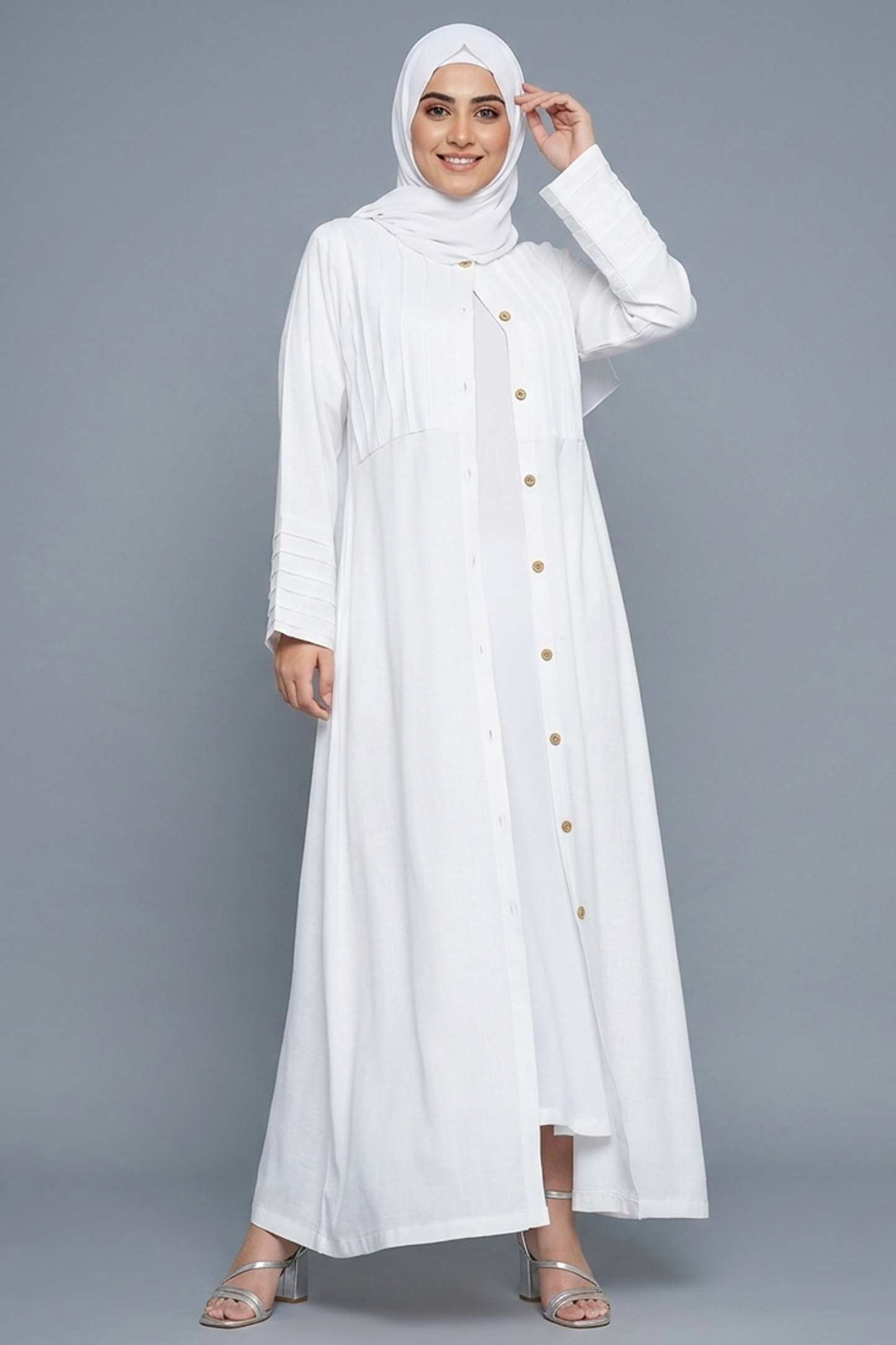 Ivory Pintuck Button-Down Abaya