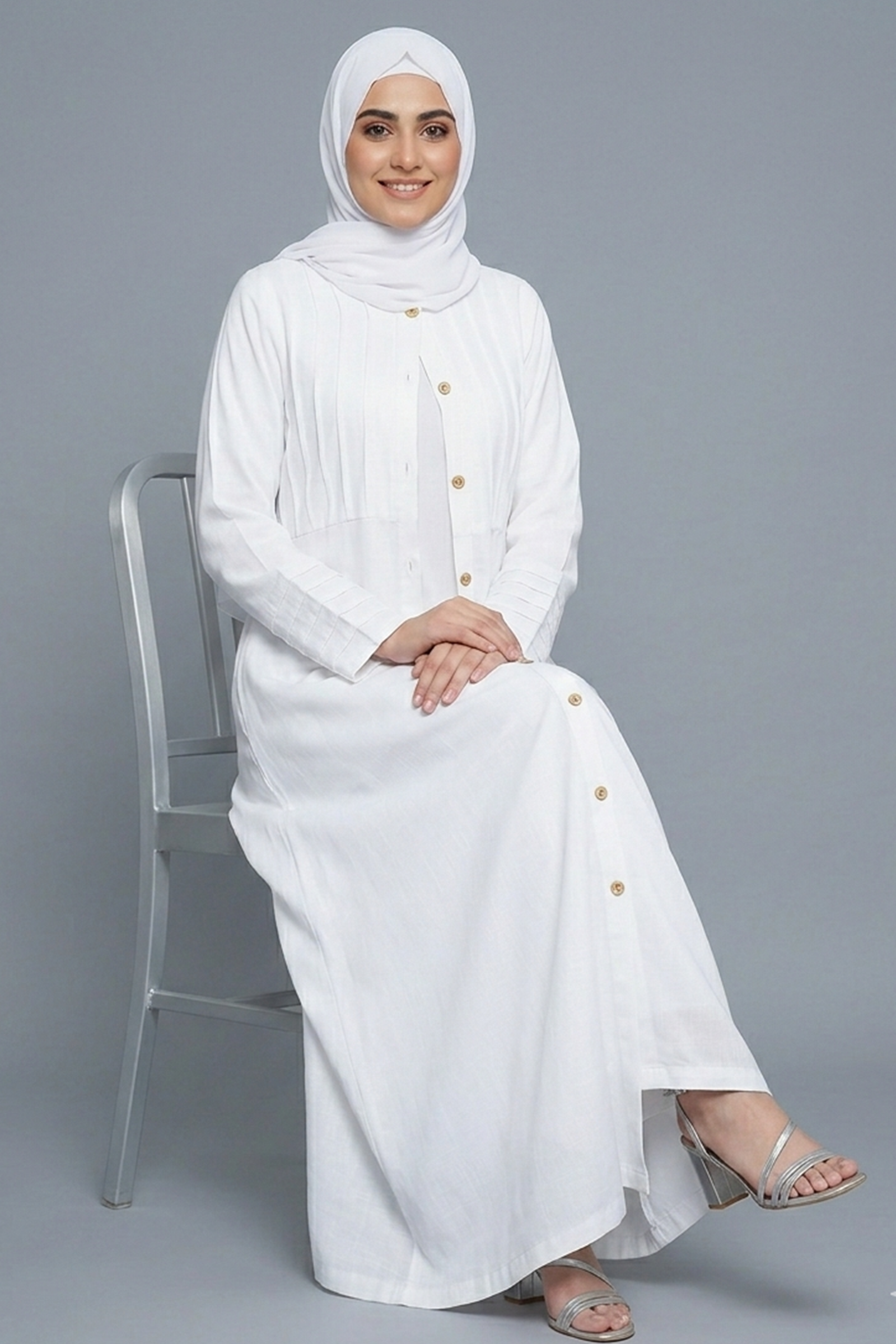 Ivory Pintuck Button-Down Abaya