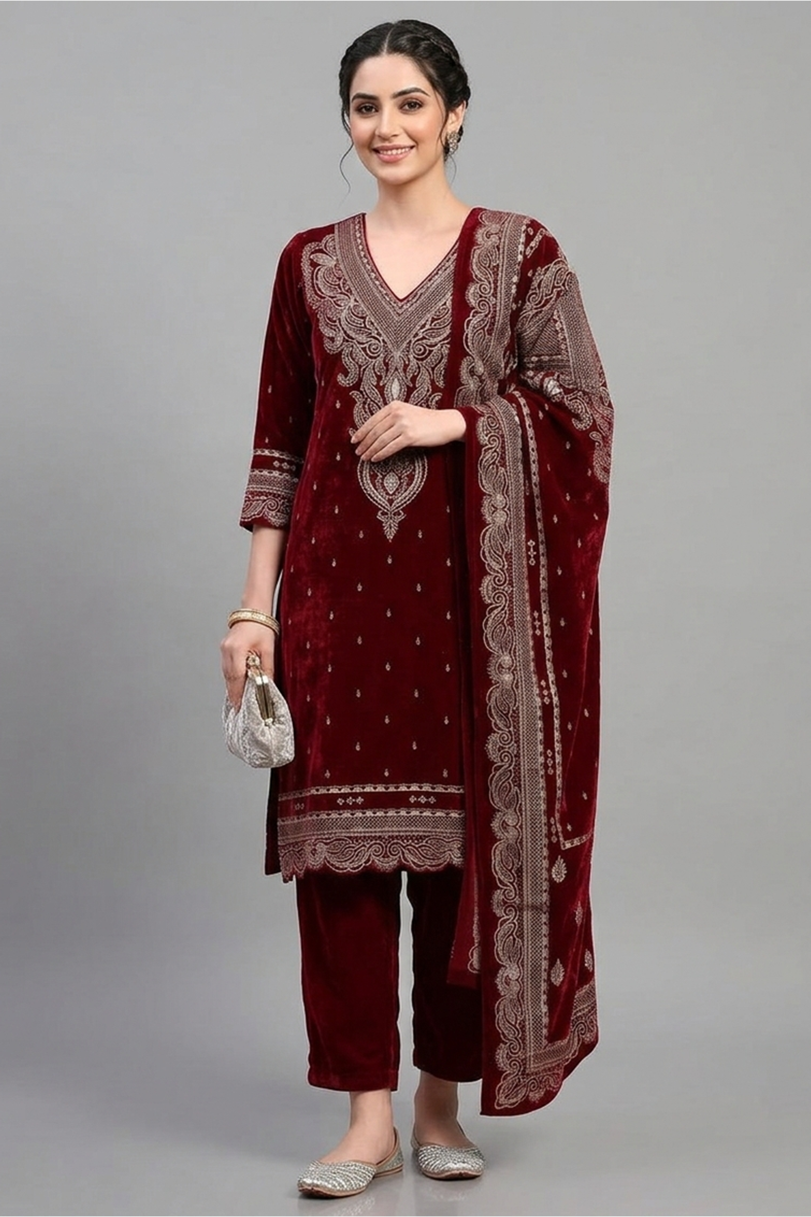 Maroon Velvet Tilla Embroidered Heirloom
