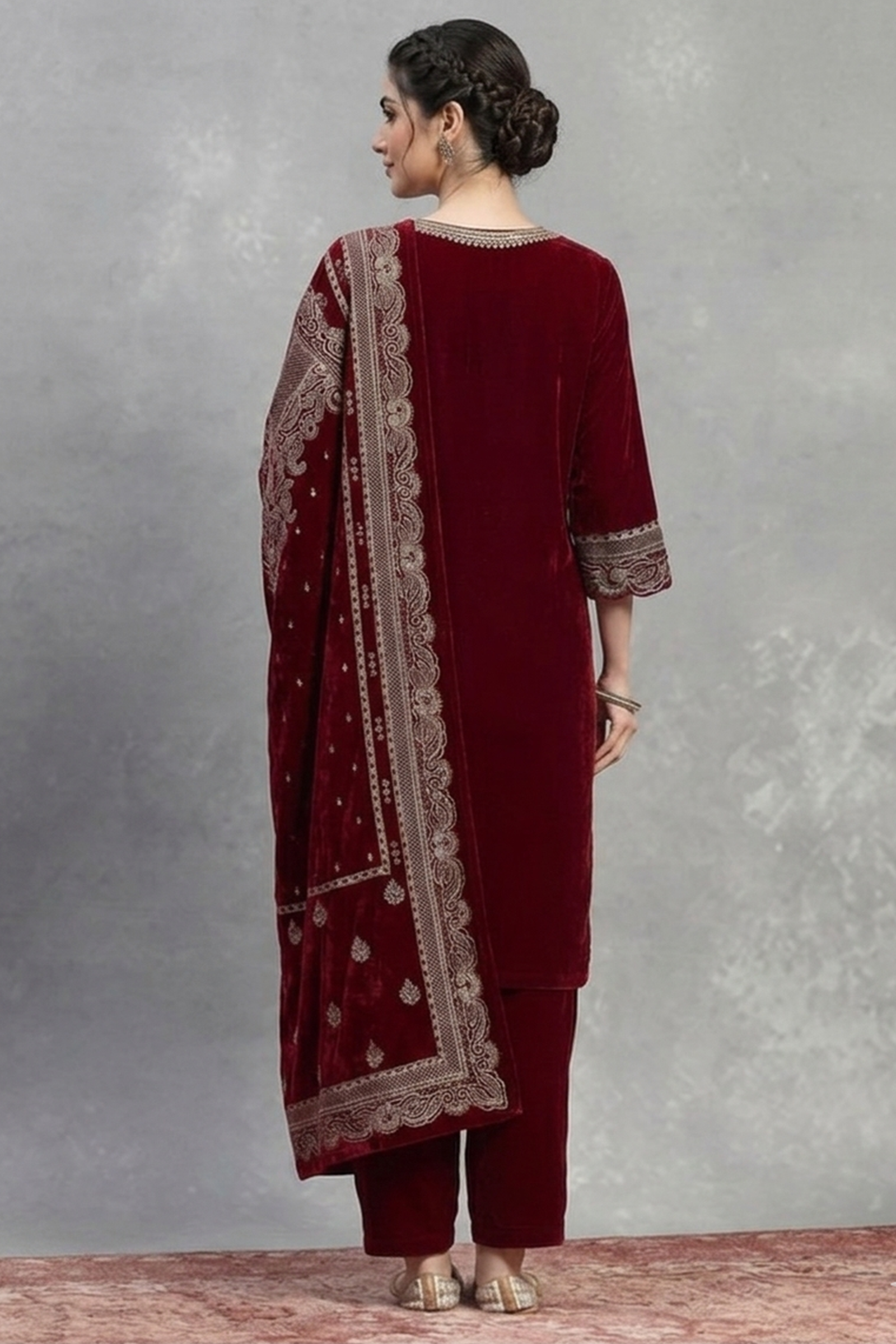 Maroon Velvet Tilla Embroidered Heirloom