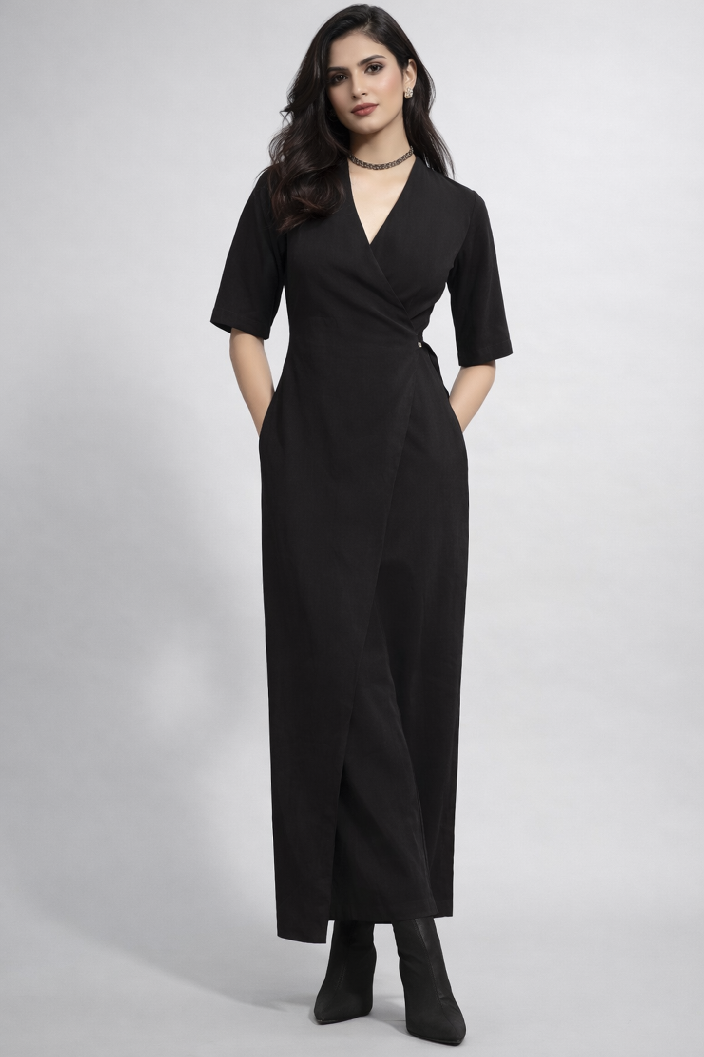 Noir Minimalist Wrap-Front Jumpsuit