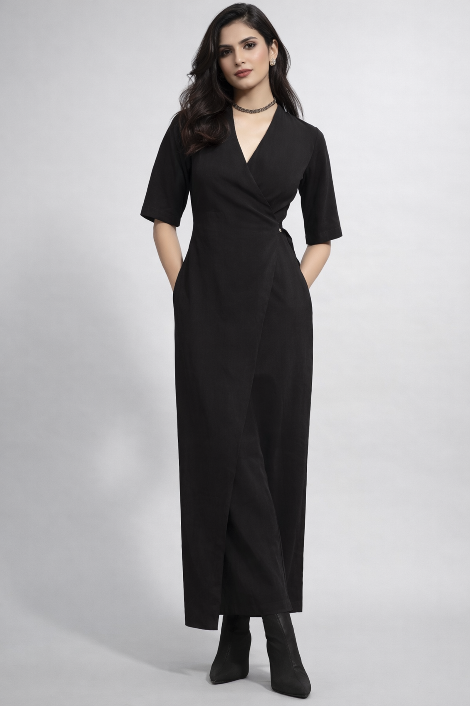 Noir Minimalist Wrap-Front Jumpsuit