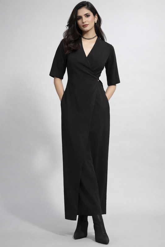 Noir Minimalist Wrap-Front Jumpsuit