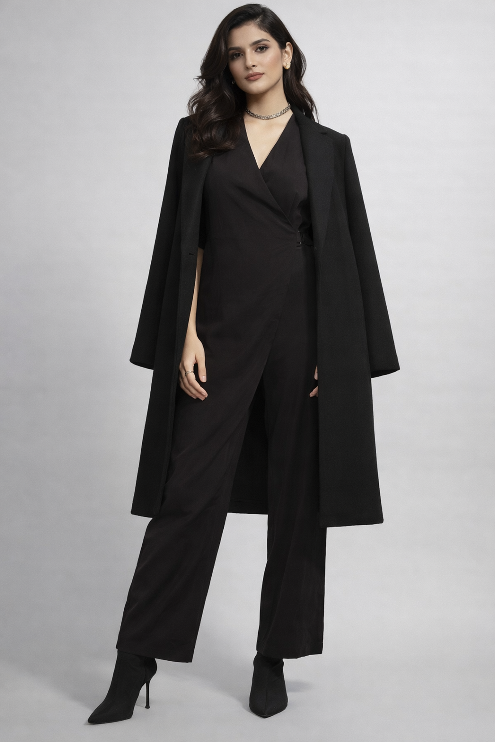 Noir Minimalist Wrap-Front Jumpsuit