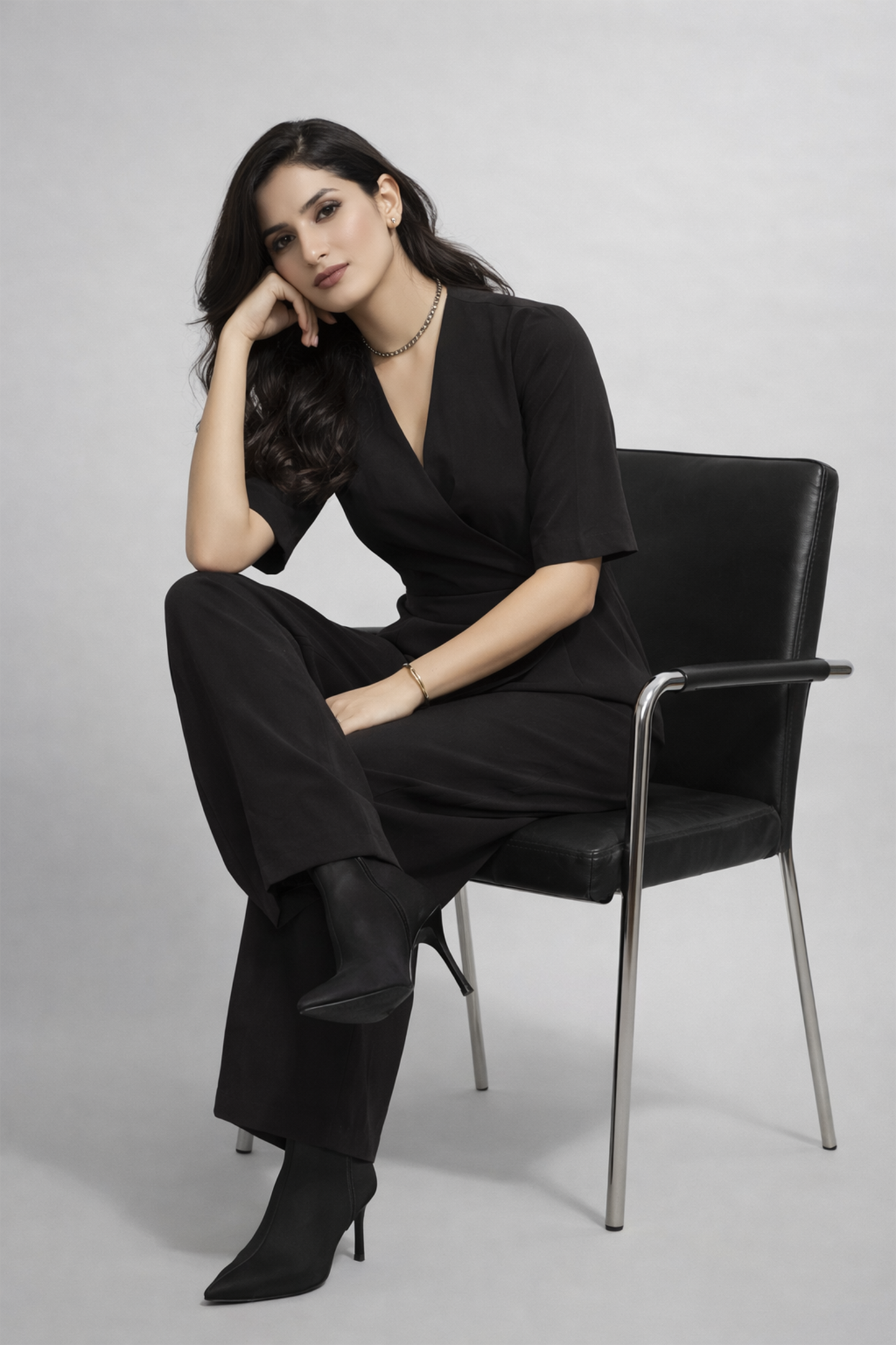 Noir Minimalist Wrap-Front Jumpsuit