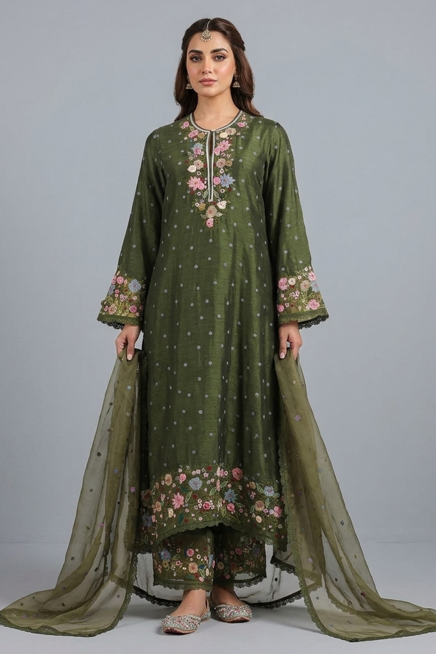 Olive Meadow Embroidered Silk