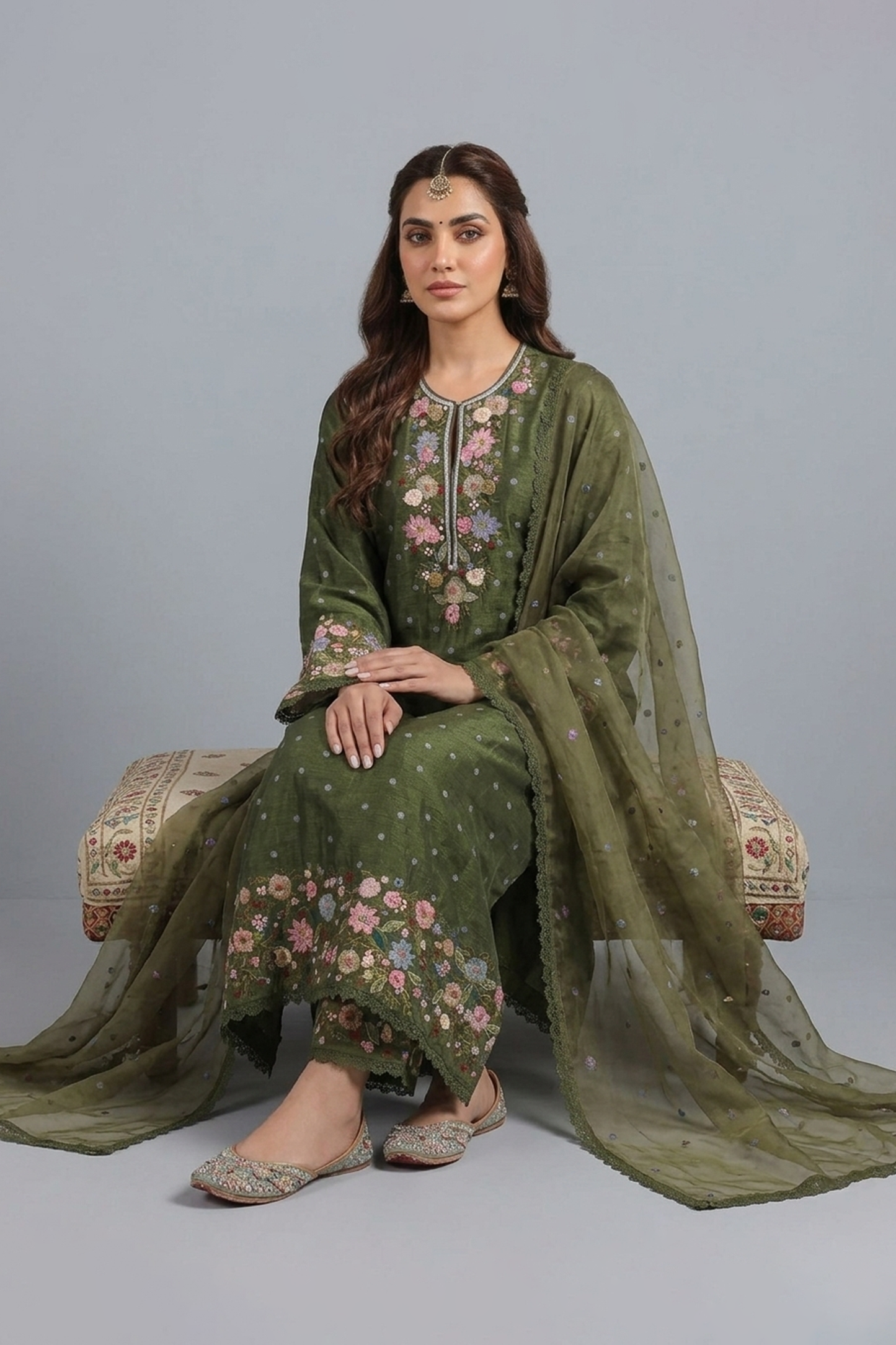 Olive Meadow Embroidered Silk