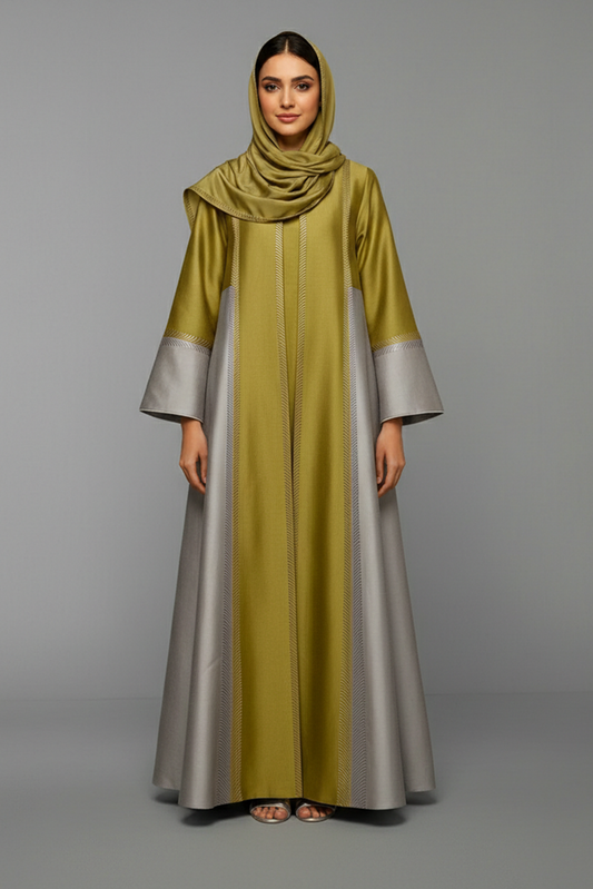 Olive & Silver Geometric Panel Abaya
