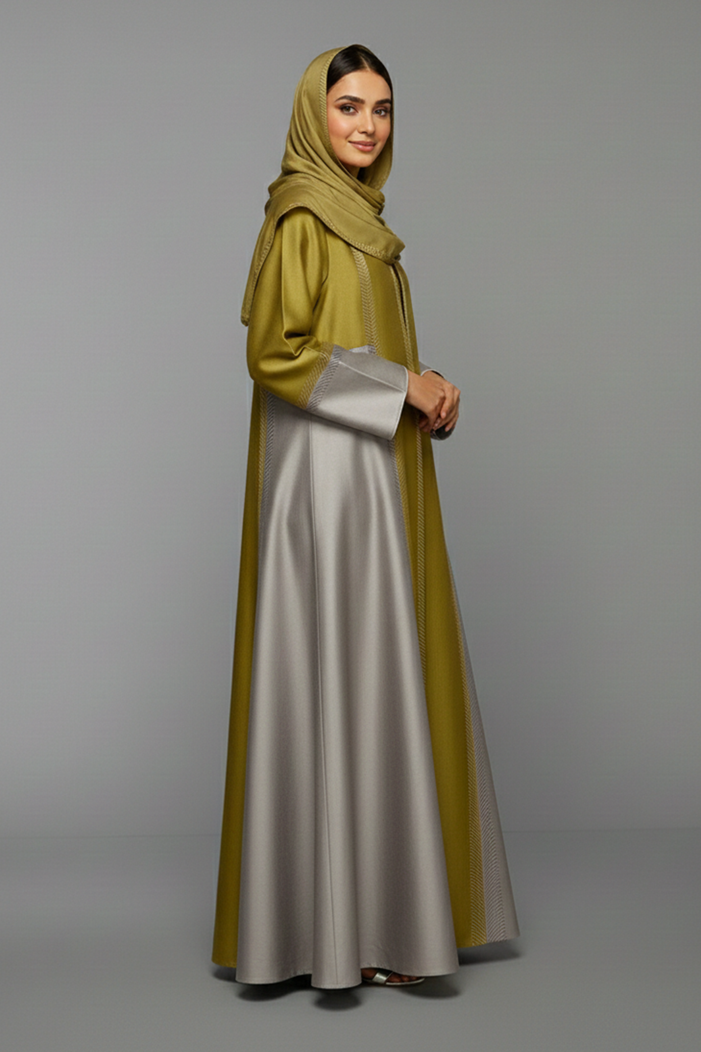 Olive & Silver Geometric Panel Abaya