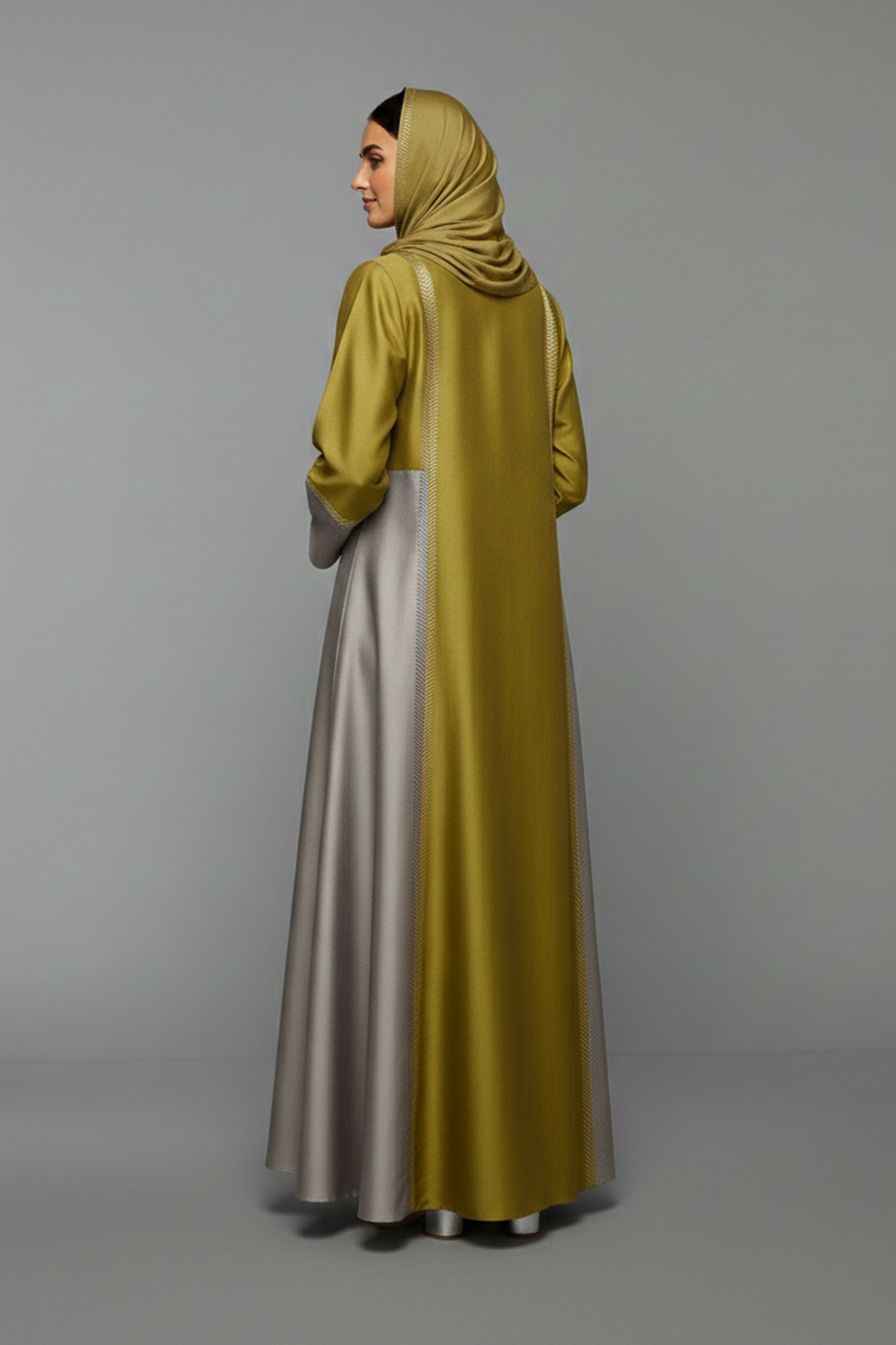 Olive & Silver Geometric Panel Abaya