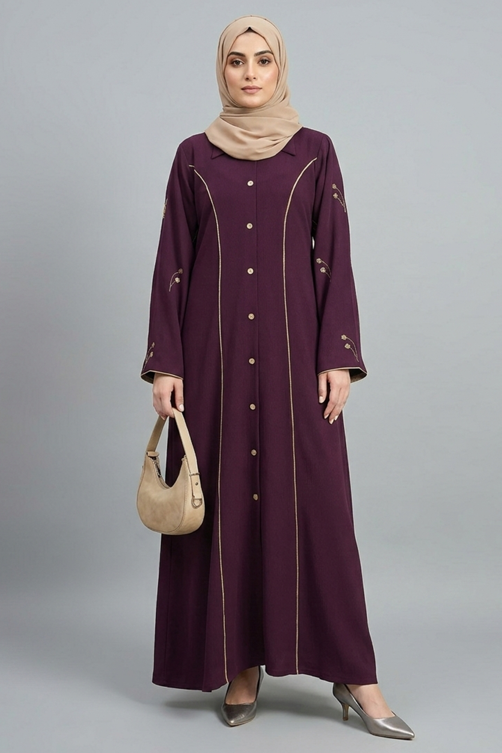 Plum & Gold Piping Button-Down Abaya