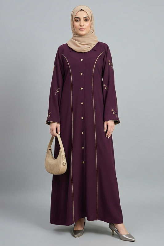 Plum & Gold Piping Button-Down Abaya
