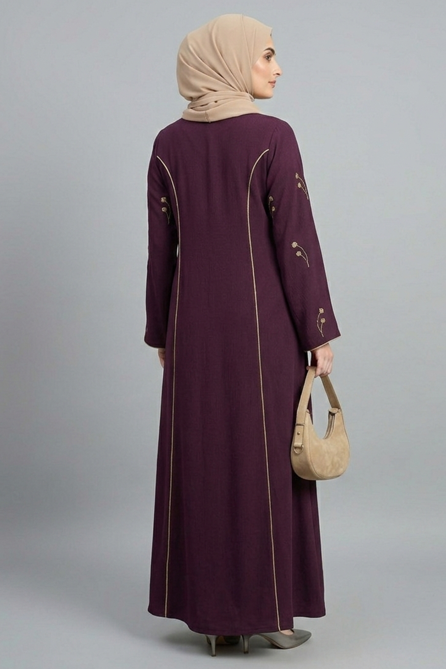 Plum & Gold Piping Button-Down Abaya