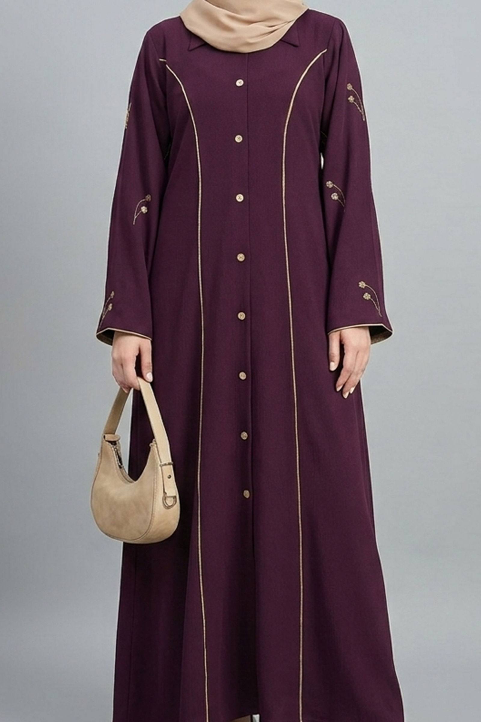 Plum & Gold Piping Button-Down Abaya